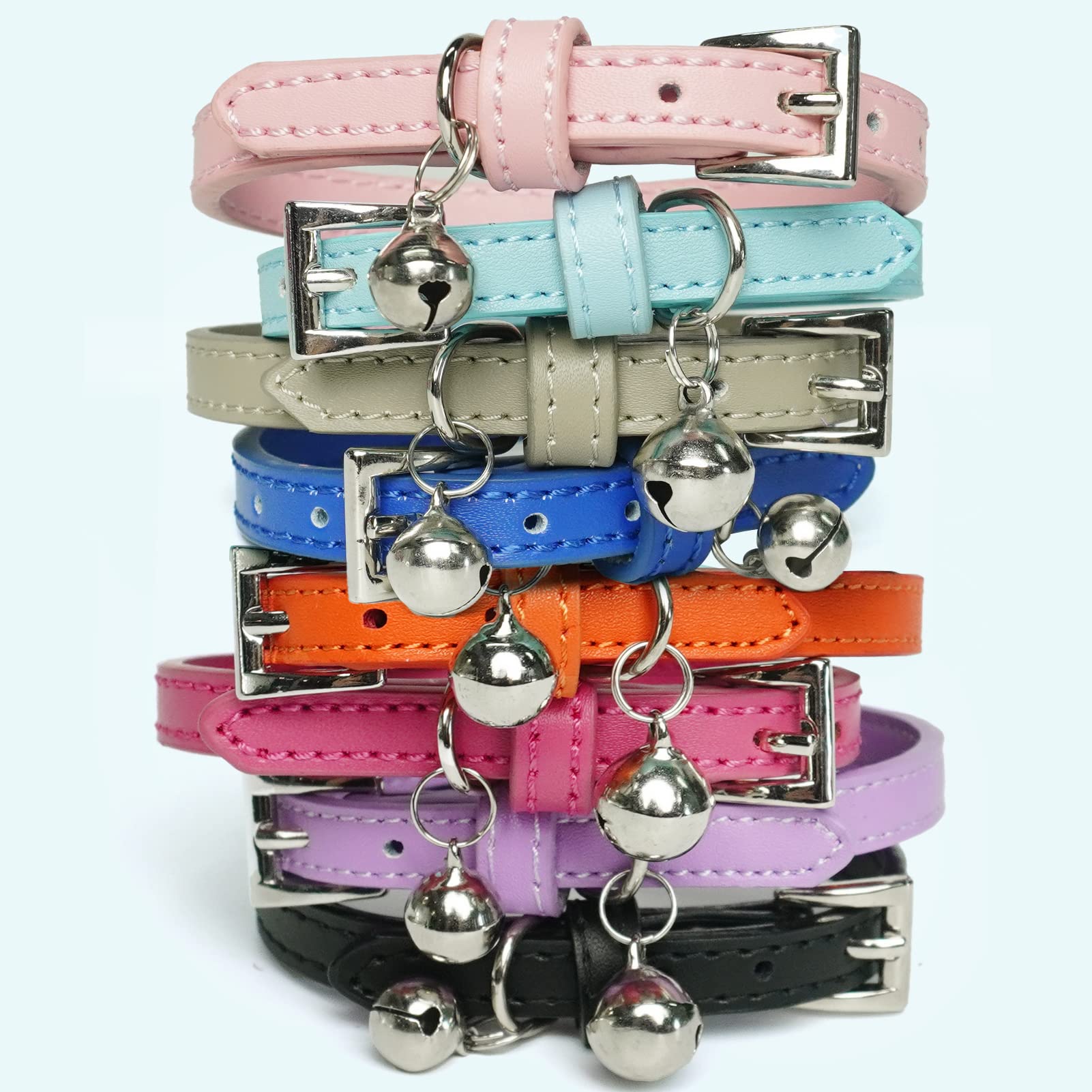 Pupteck 2 Pcs Soft Leather Cat Kitten Collar With Bells Adjustable For Girl Boy Cats Puppy - Pale Turquoise, Navy Blue