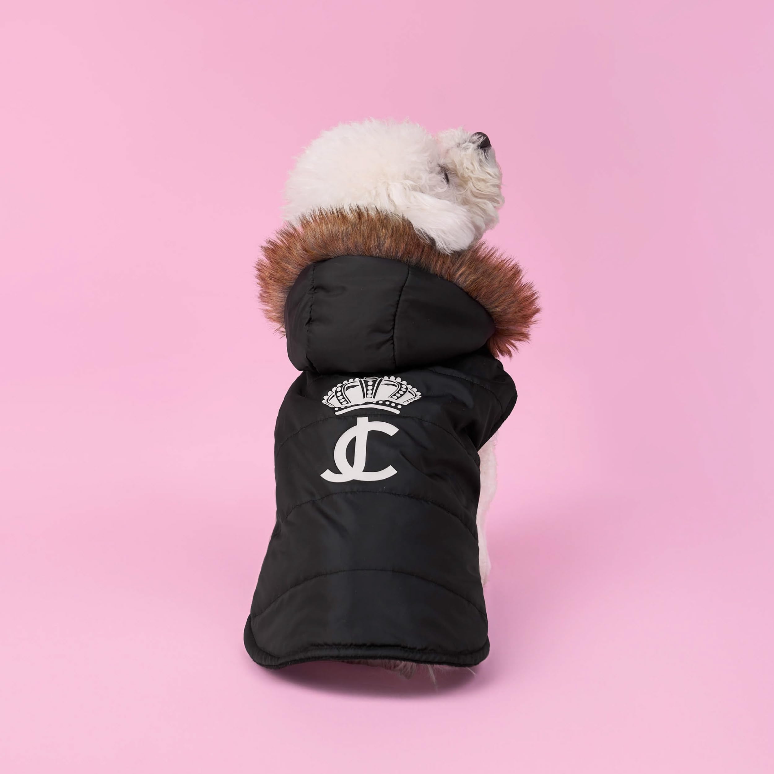 Juicy Couture Faux Fur Hooded Pet Jacket For Dogs And Cats - Black - Extra Small/Small