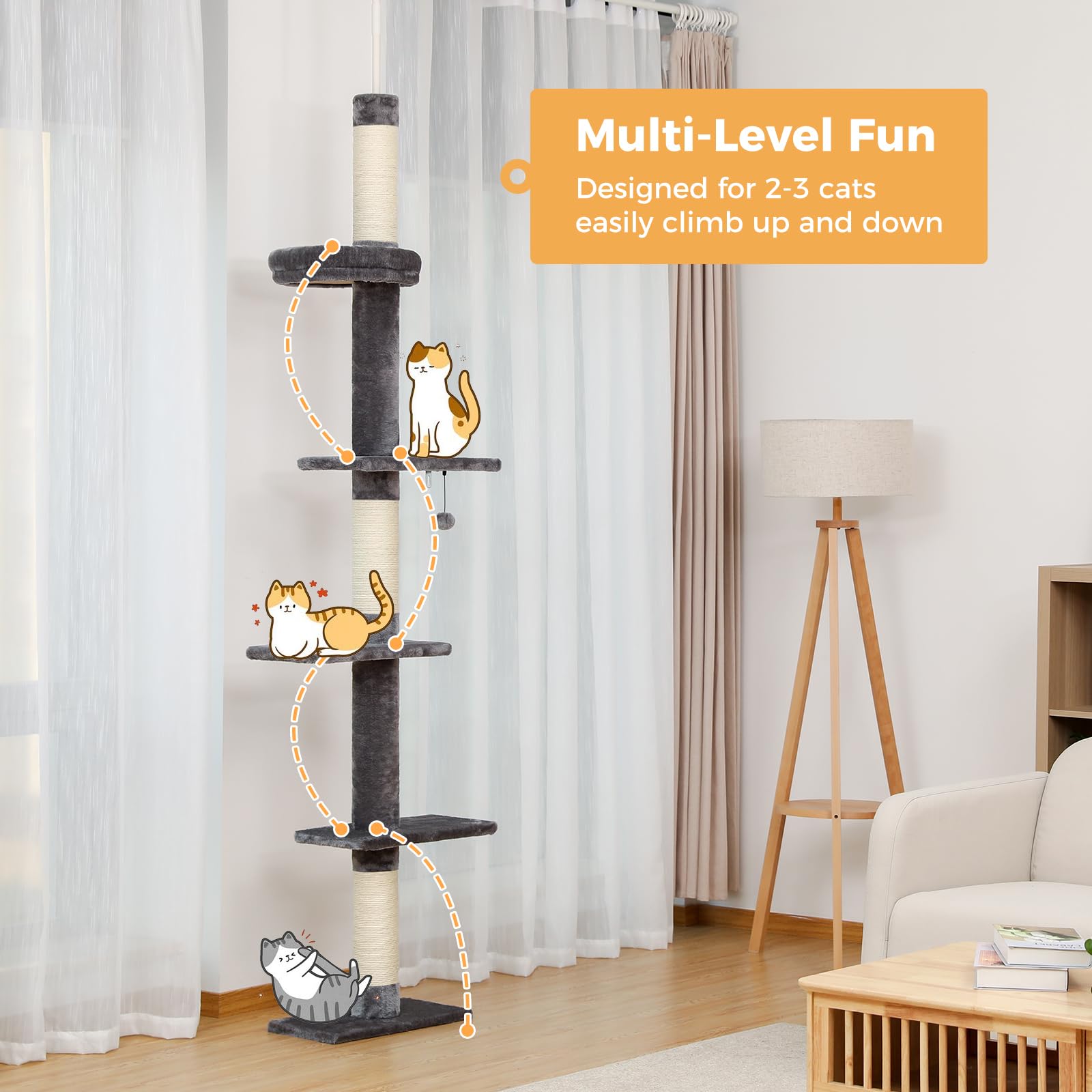 PETEPELA Cat Tower 5-Tier Adjustable Climbing Tree 95-107" Grey Engineered Wood with Scratching Post & Interactive Ball Toy