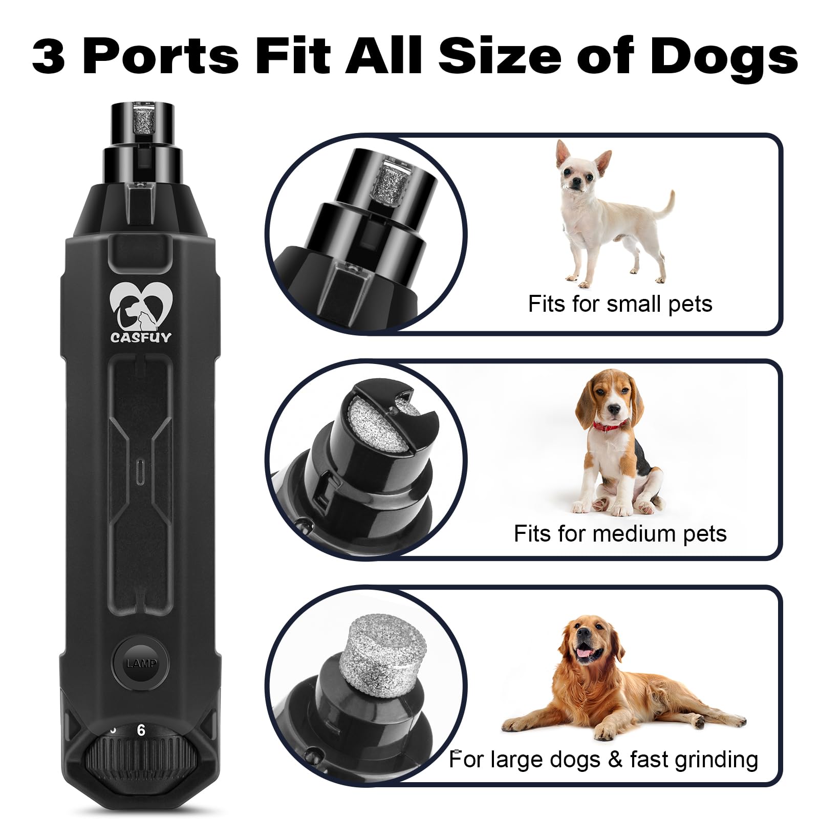Casfuy 6-Speed Dog Nail Grinder - Newest Enhanced Pet Nail Grinder Super Quiet Electric Dog Nail Trimmer Rechargeable Painless Paws Grooming & Smoothing Tool For Large Medium Small Dogs (Grey)