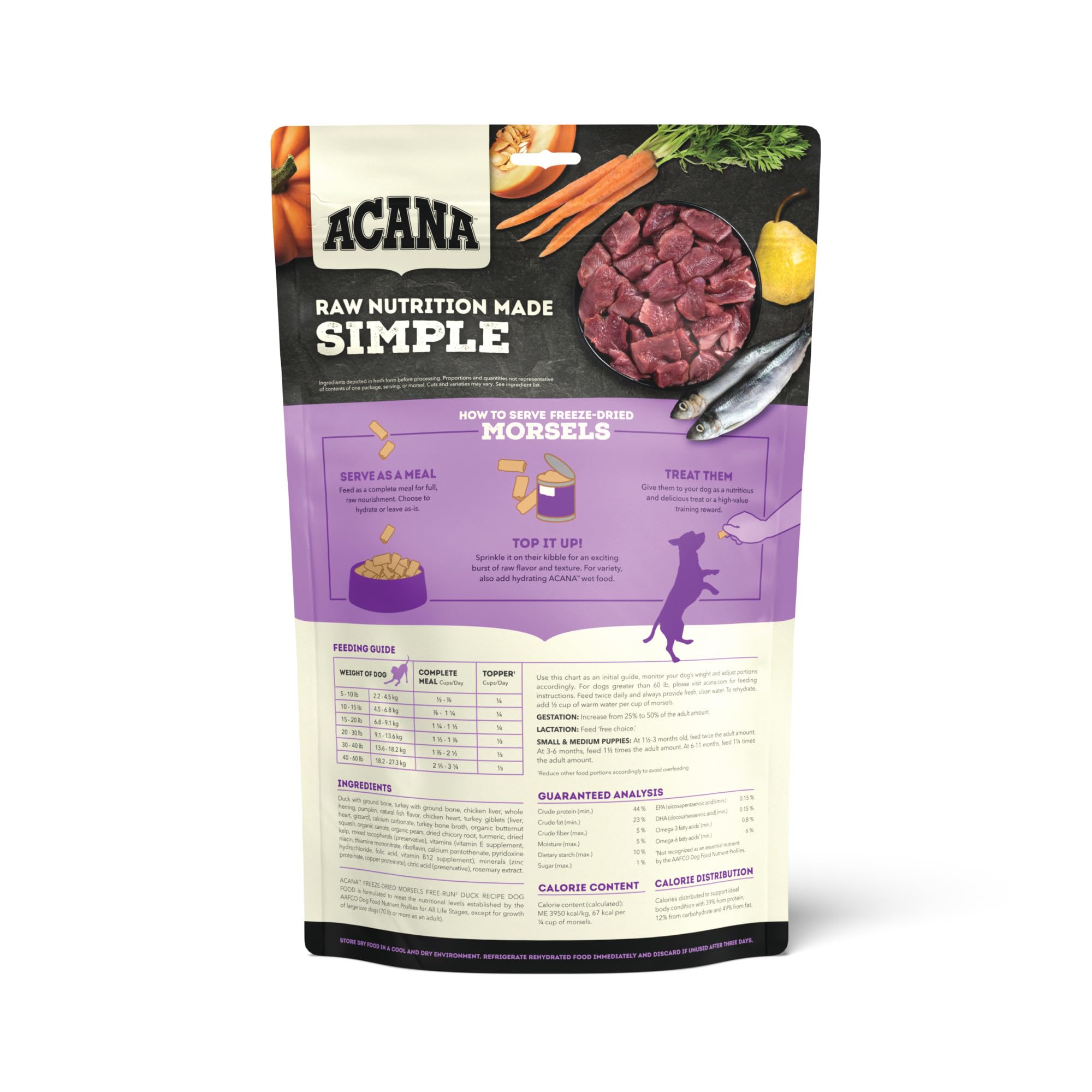 ACANA Grain-Free High Protein Freeze Dried Dog Food & Topper Free-Run Duck Recipe Morsels 8oz Bag