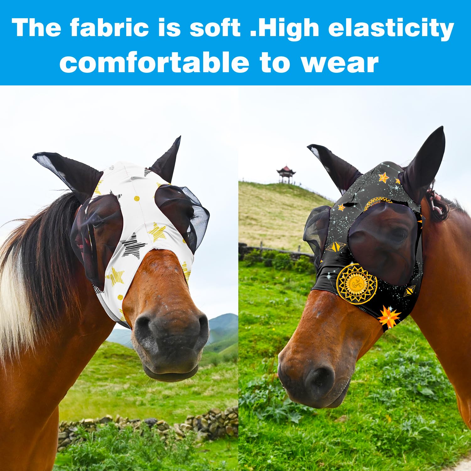Super Comfort Fly Marsks for Horses of 8pcs Set-Horse FlyMask with Ears- Elasticity Fly Mask with UV Protection(Size:L