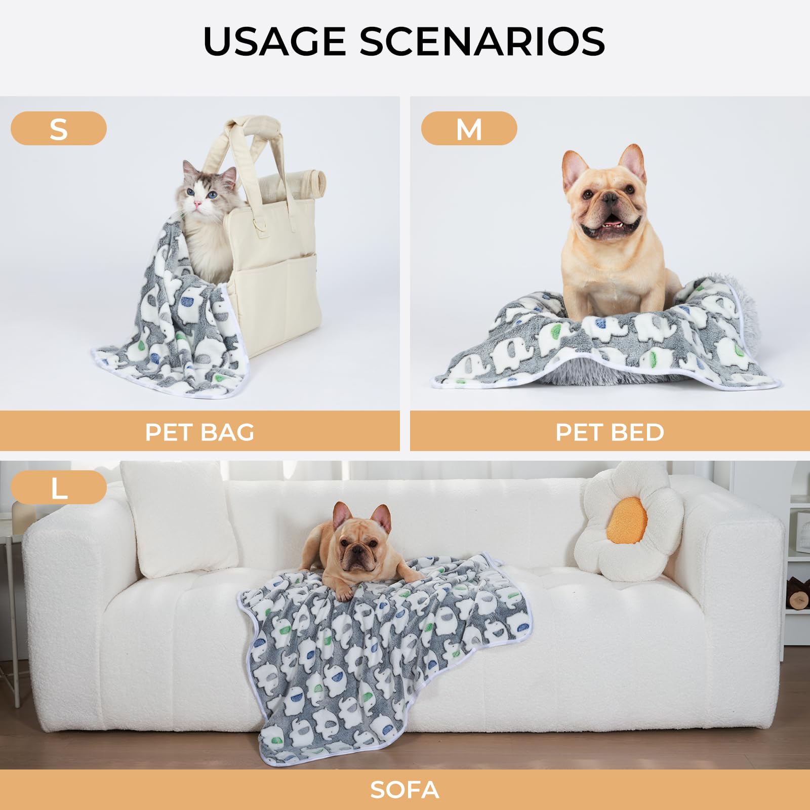 1 Pack 3 Blankets Super Soft Fluffy Premium Cute Elephant Pattern Pet Blanket Flannel Throw For Dog Puppy Cat Dark Grey Large(41