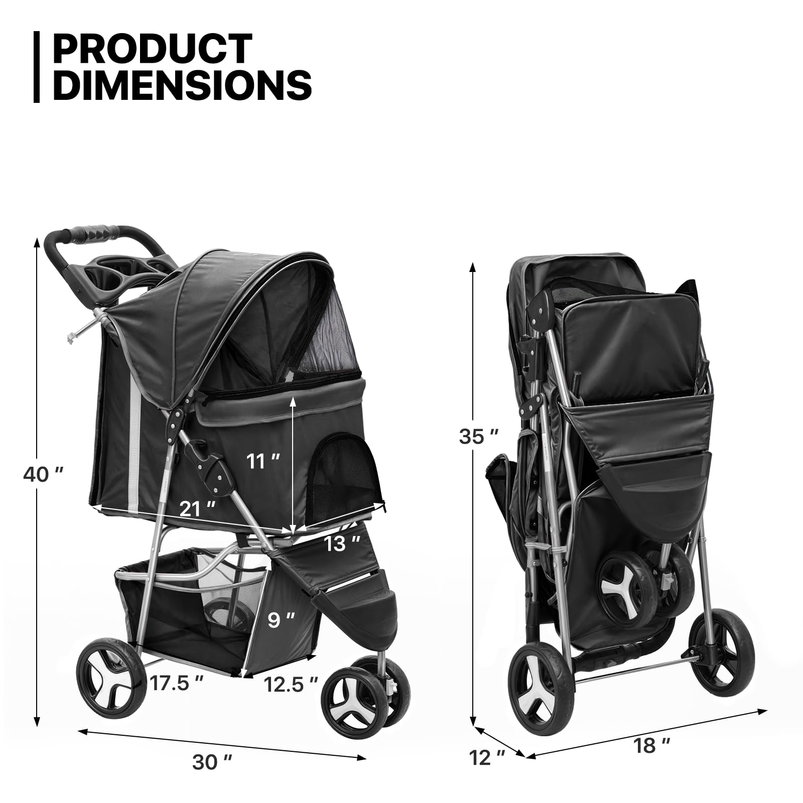 Monibloom Foldable Pet Stroller With Weather Cover, 3 Wheels Pet Strolling Cart For Small/Medium Dogs And Cats With Storage Basket And Cup Holder, Breathable And Visible Mesh For All-Season, Black