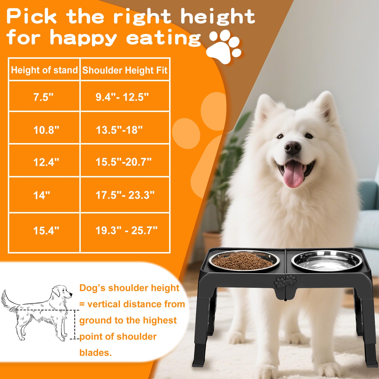 Elevated Dog Bowl Stand for Large Dogs - 2 Extra Large 10    Stainless Steel Bowls, 5 Adjustable Heights(7.5-15.4), Foldable Non