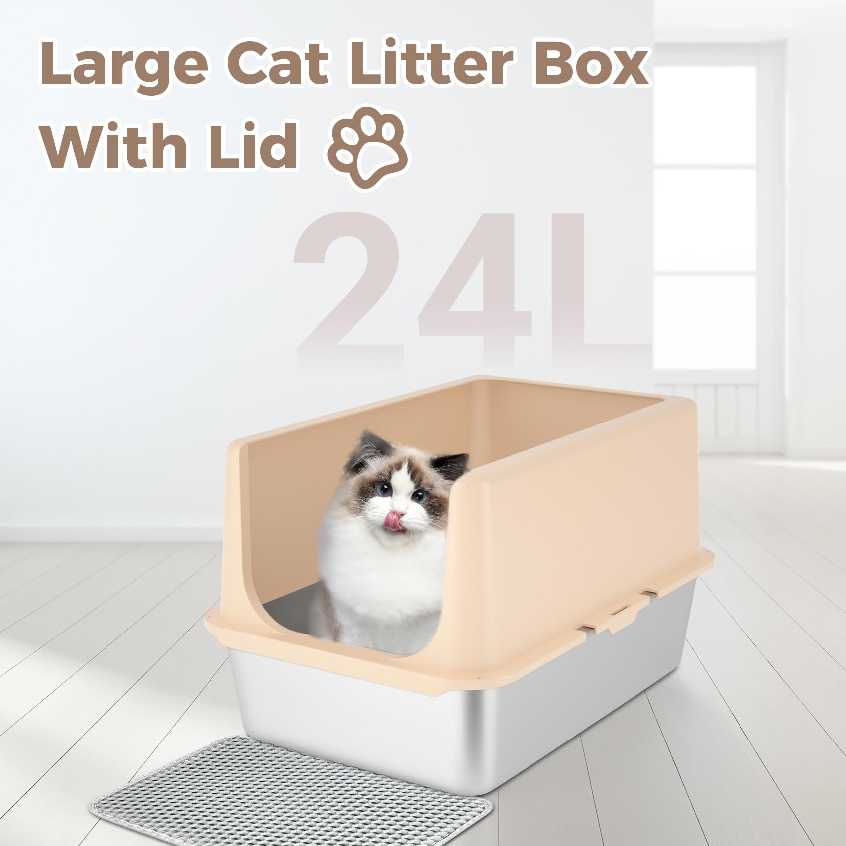 Stainless Steel Cat Litter Box, Metal Litter Box With Lid, 14 Extra Large Litter Boxes For Big Cats, High Sided Beige Cat Box