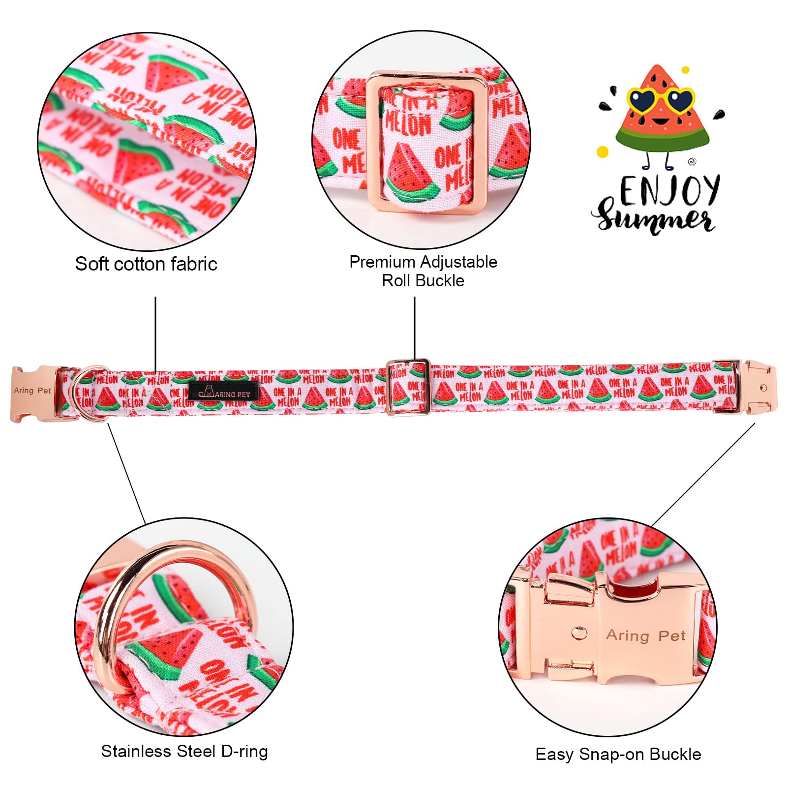 Aring Pet Summer Dog Collar - Pink Watermelon Dog Collar With Adjustable Cotton Bowtie And Metal Buckle