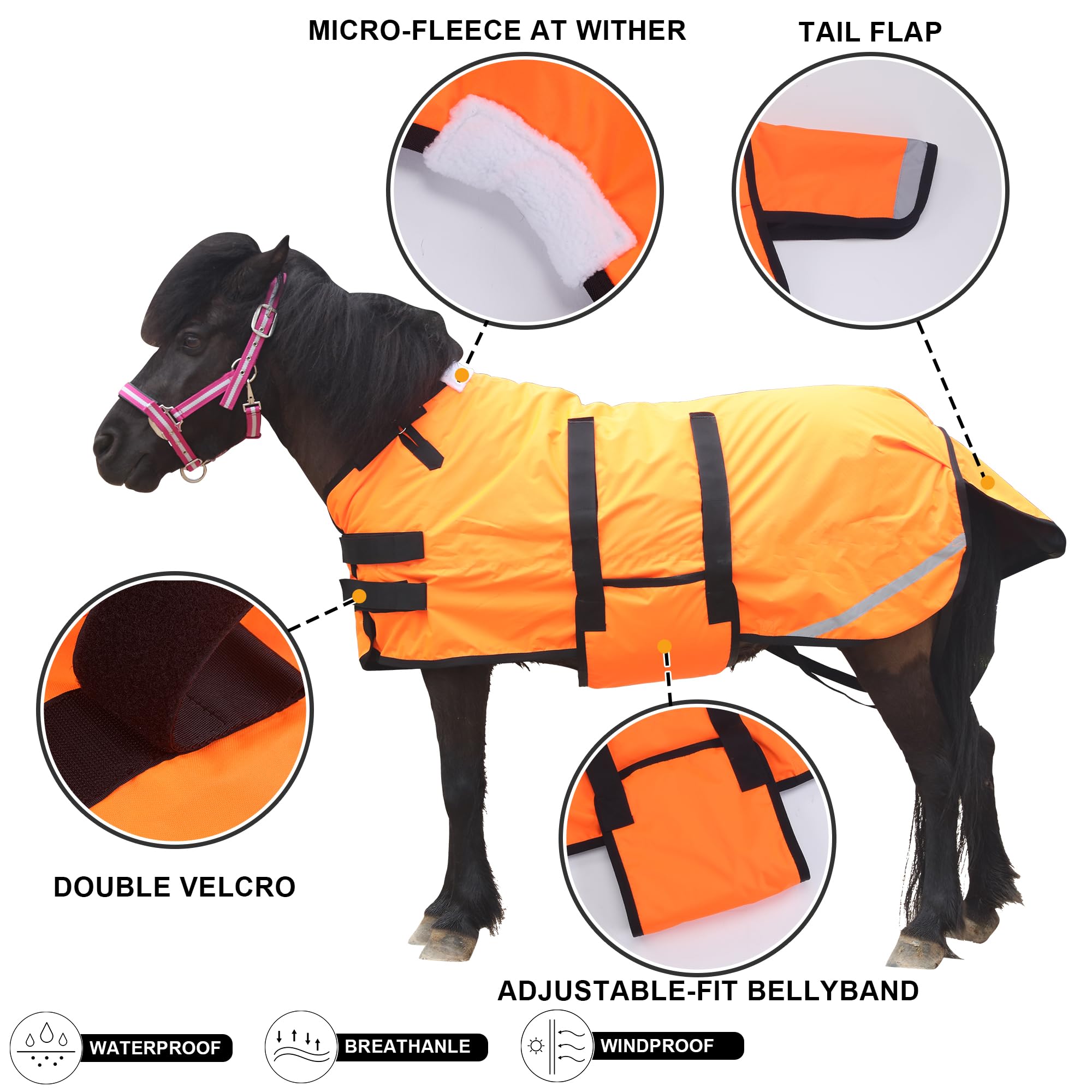 Gallopoff Foal/Mini Horse Size 30''-48'' Waterproof & Breathable 300 Denier Winter Turnout Blanket With 150G Polyfill Orange Sma
