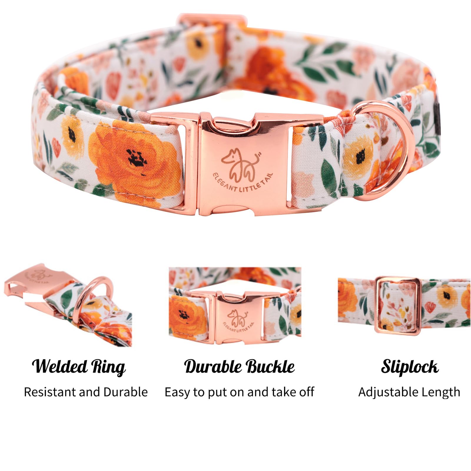 Elegant Little Tail Fall Dog Collar - Durable Orange Floral Dog Collar For Medium Dogs, Adjustable For Male Or Female Pets - Per
