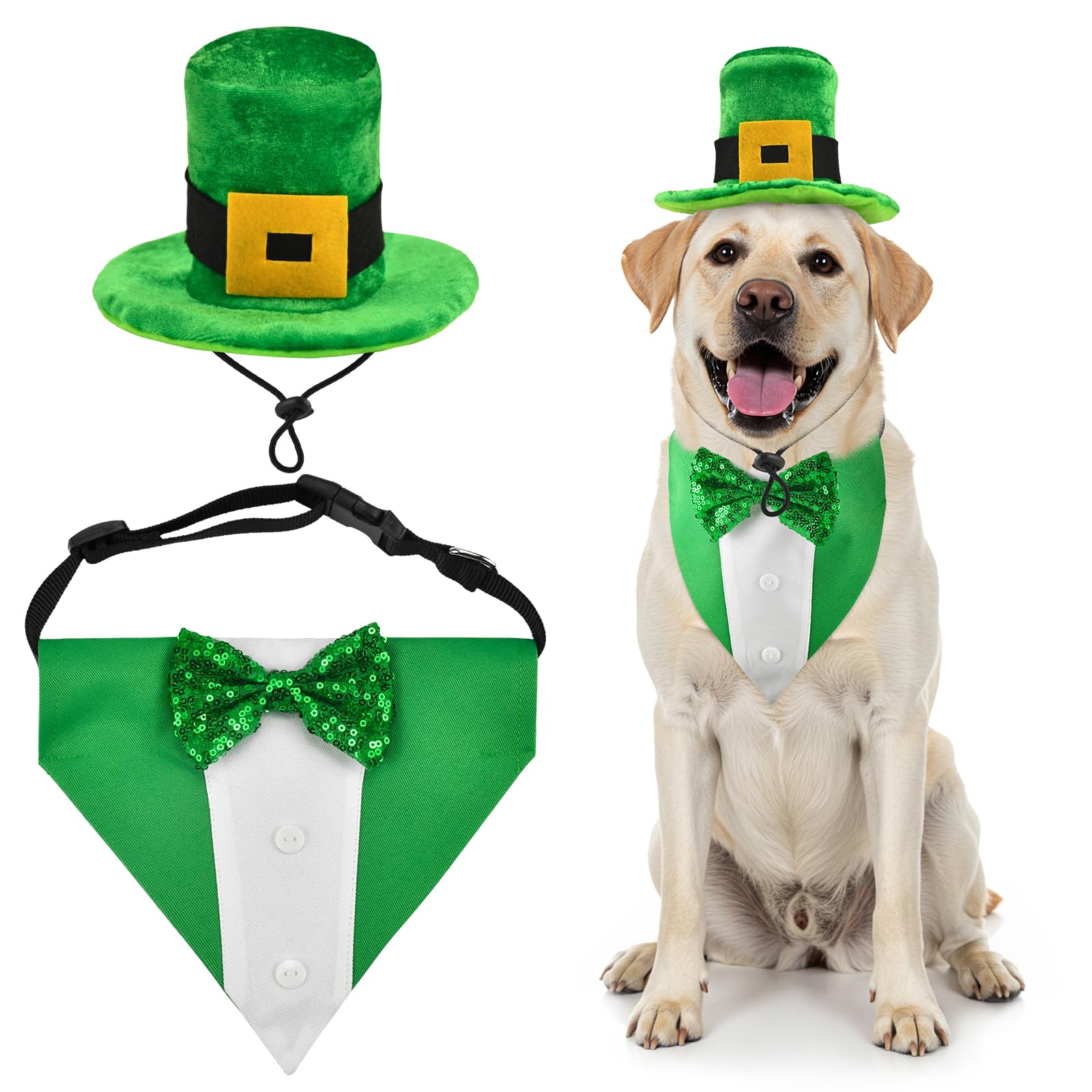 Shurung St. Patricks Day Dog Tuxedo With Green Bowtie Pet Irish Leprechaun Hat With Belt Buckle Dog Patricks Costume Set Lucky T