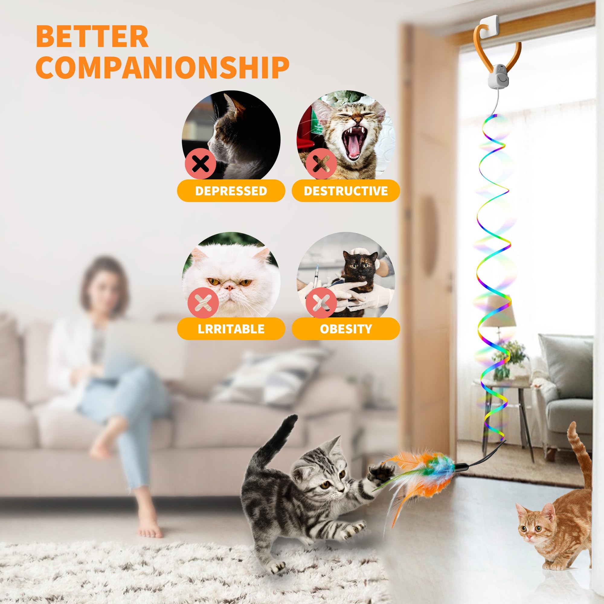 PANRIO Interactive Cat Toy,Automatic Cat Toy for Indoor Cats,Hanging Door Clip Ribbon 360 Rotation,Feather & Rainbow Cat Stimula