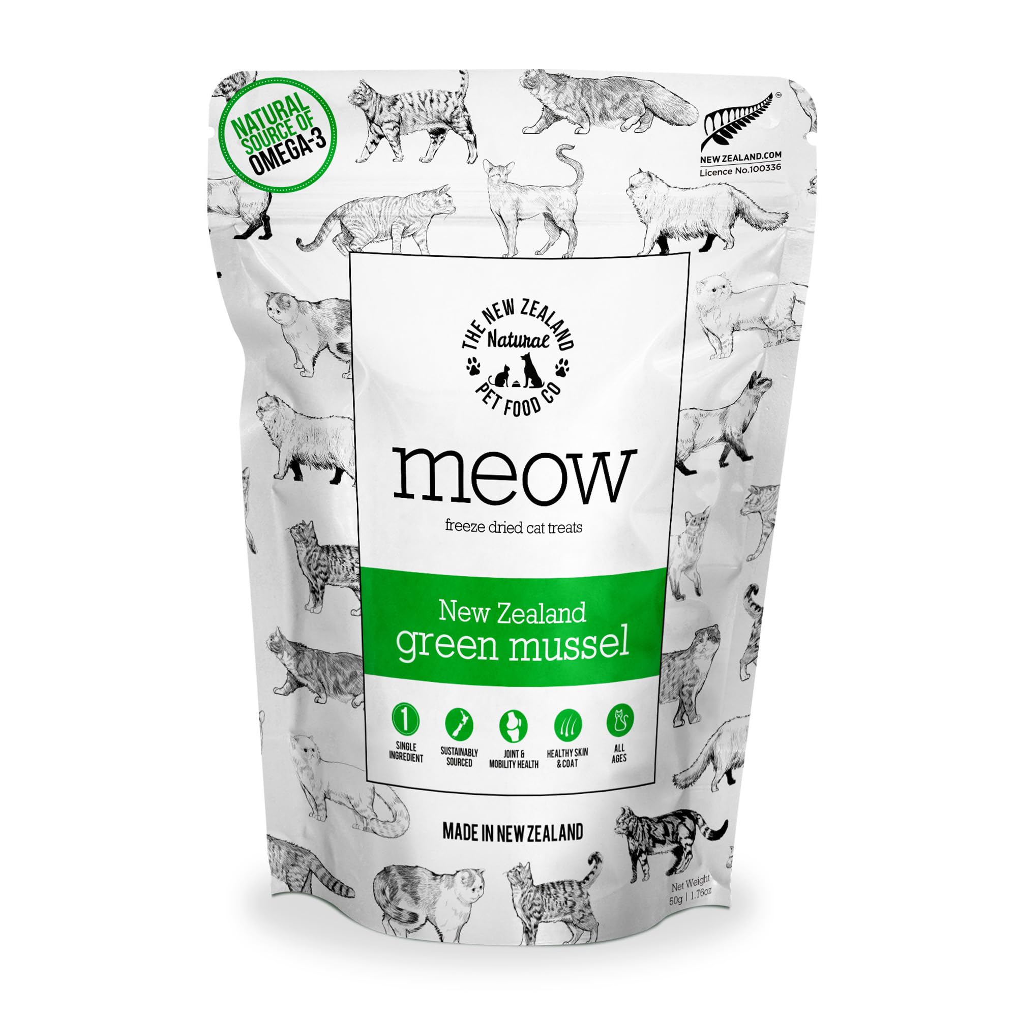The New Zealand Natural Pet Food Co. Meow Freeze Dried Cat Treats - New Zealand Green Mussel, High Protein, Healthy Cat Snacks a