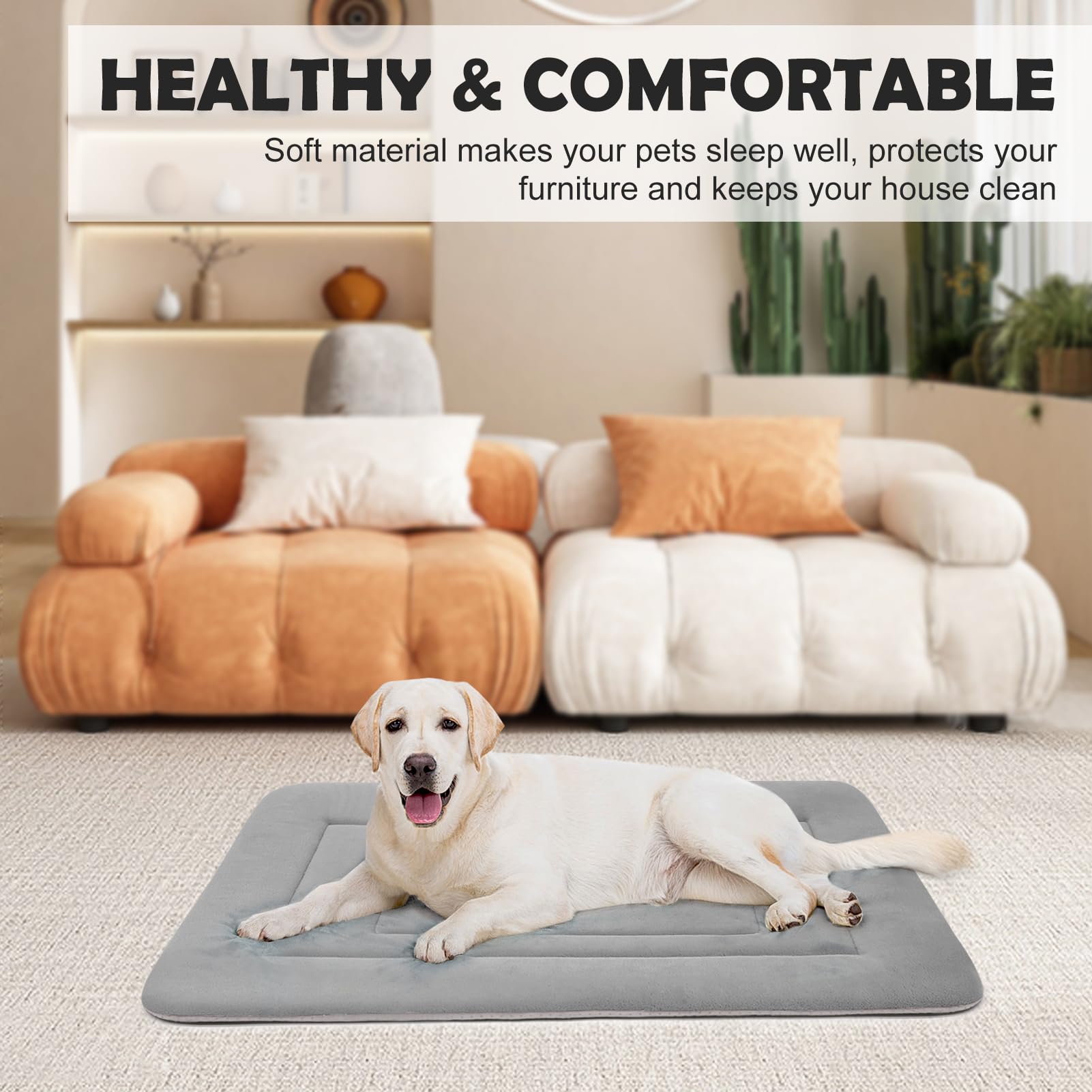 JoicyCo Large Dog Bed - Soft Washable 42" x 28" Clay Gray Crate Pad with Non-Slip Mattress