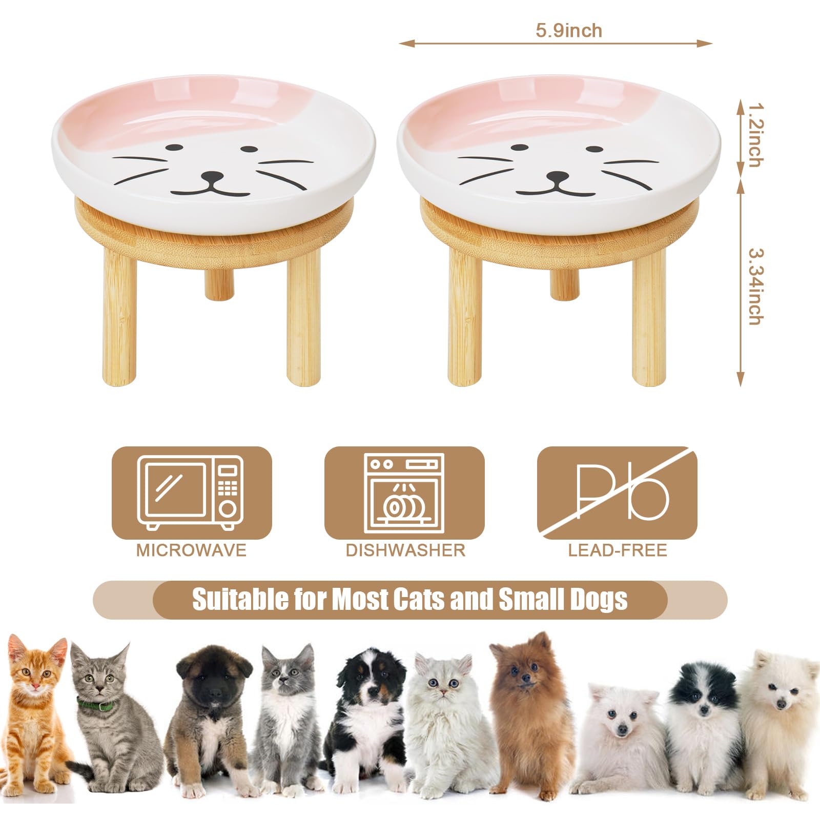 Shallow Elevated Cat Bowls with Bamboo Stand, 5.9 Inch Wide Ceramic Cat Dish Whisker Friendly, 2 Pack Pet Food and Water Plates