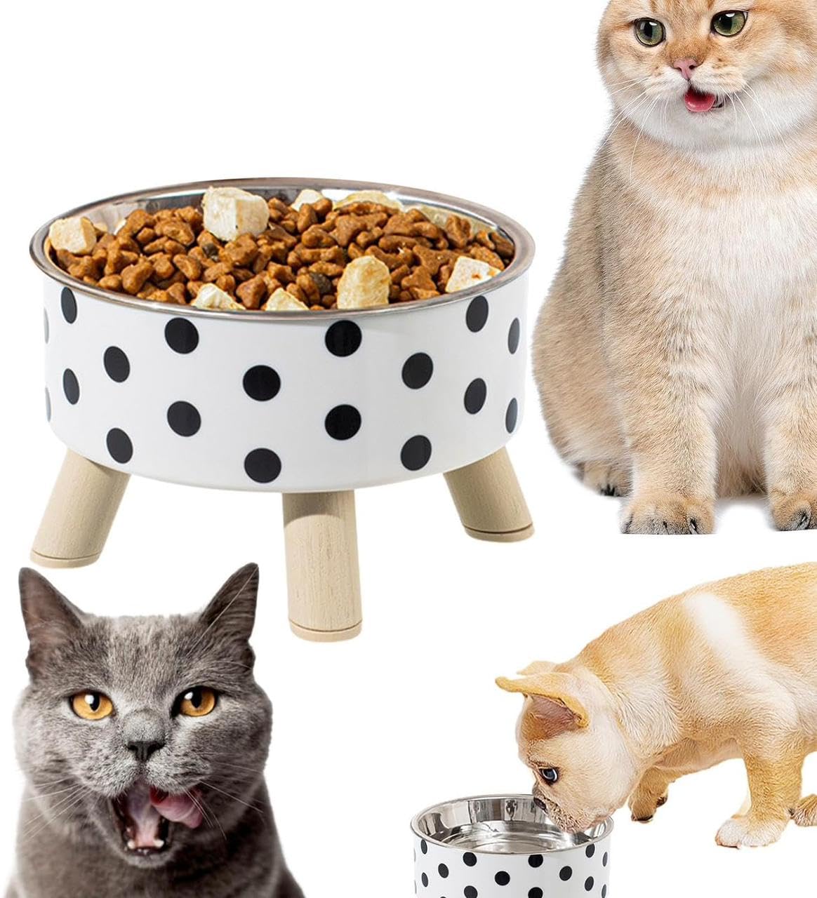 Juviw Stainless Steel Bowl For Pets 9 X 9 X 14 Cm Dog/Cat Feeding Bowl With Wooden Stand NonSkid Food Water Bowl For Dogs Pets 