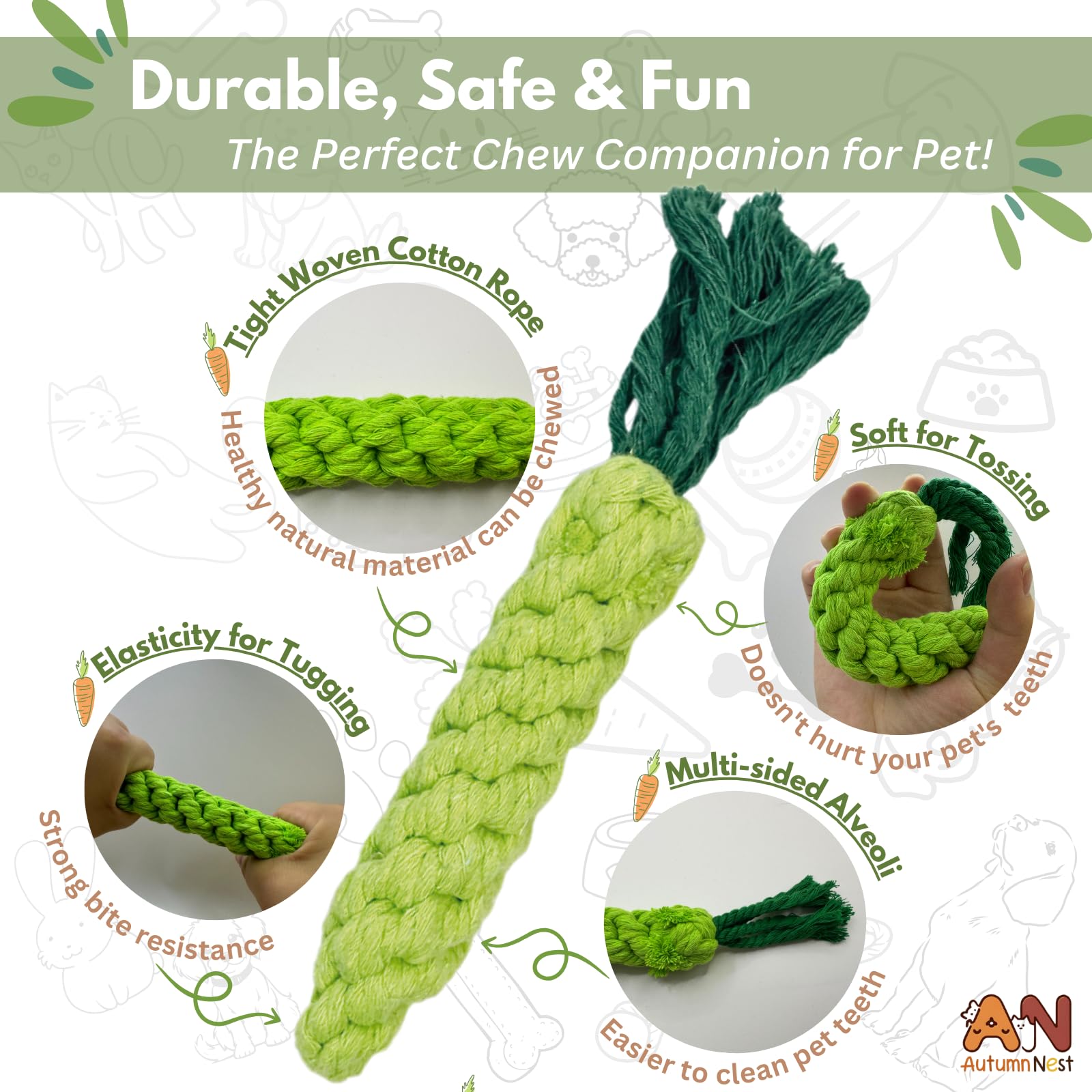 Autumnnest 3Pcs Green Woven Pet Chew Set, Dog Chew Accessories, Cat Interactive Chews, Safe & Durable Braided Chews For Dogs, Ca