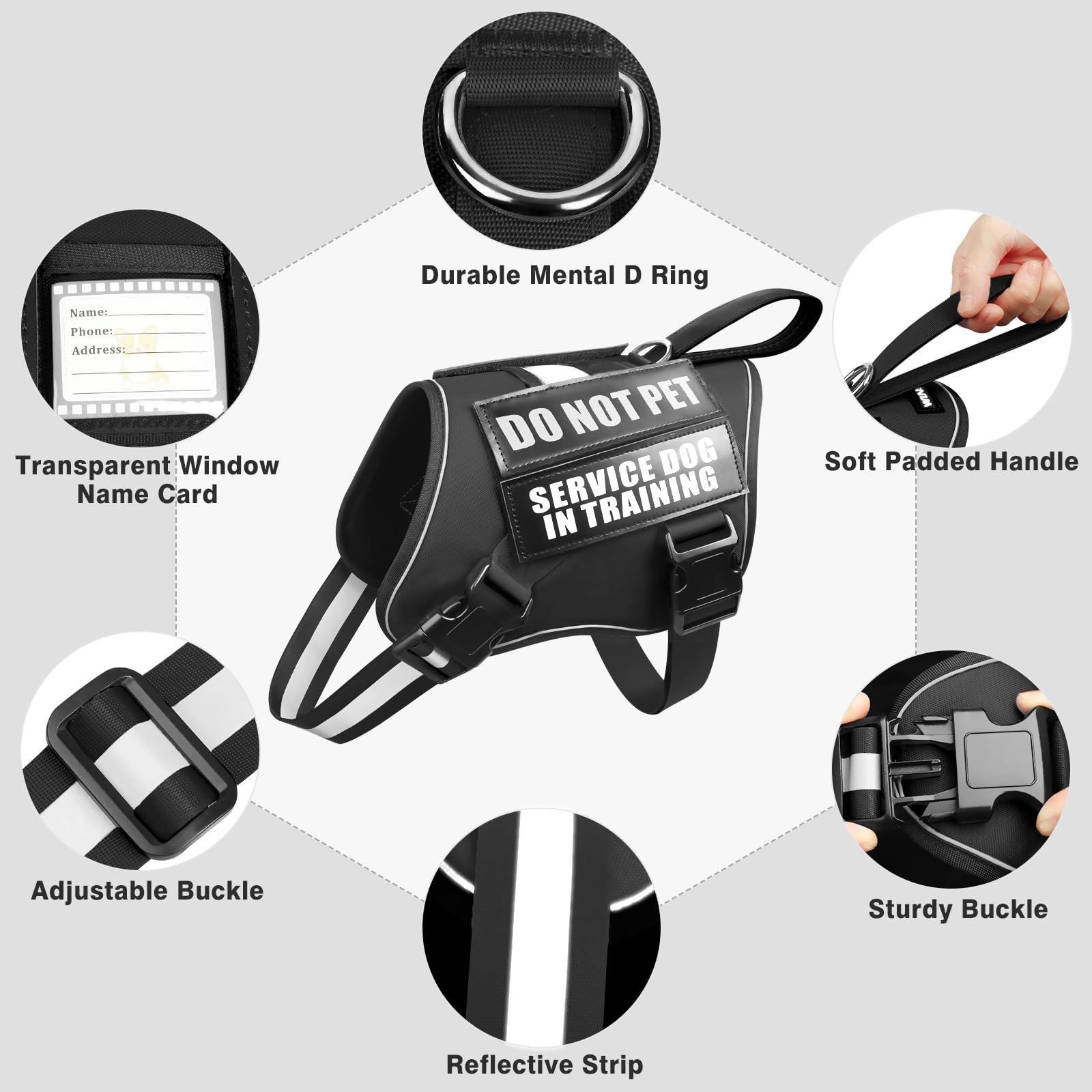 Winsee Dog Harness & Leash Set, Medium, Black - Reflective, Adjustable, W/ 10 Patches For Service, Therapy Dogs, Extra Durable