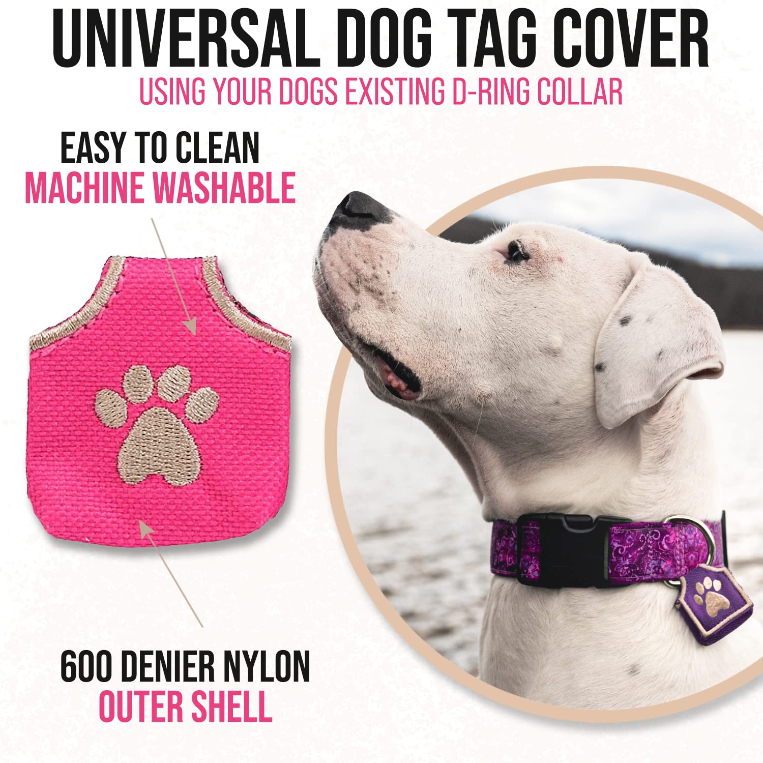 Woofhoof Dog Tag Cover - Durable Nylon, Pink Pawprint, Fits 4 Pet IDs, 1.75"x1.75"x0.25", Model Pea-6779, Machine