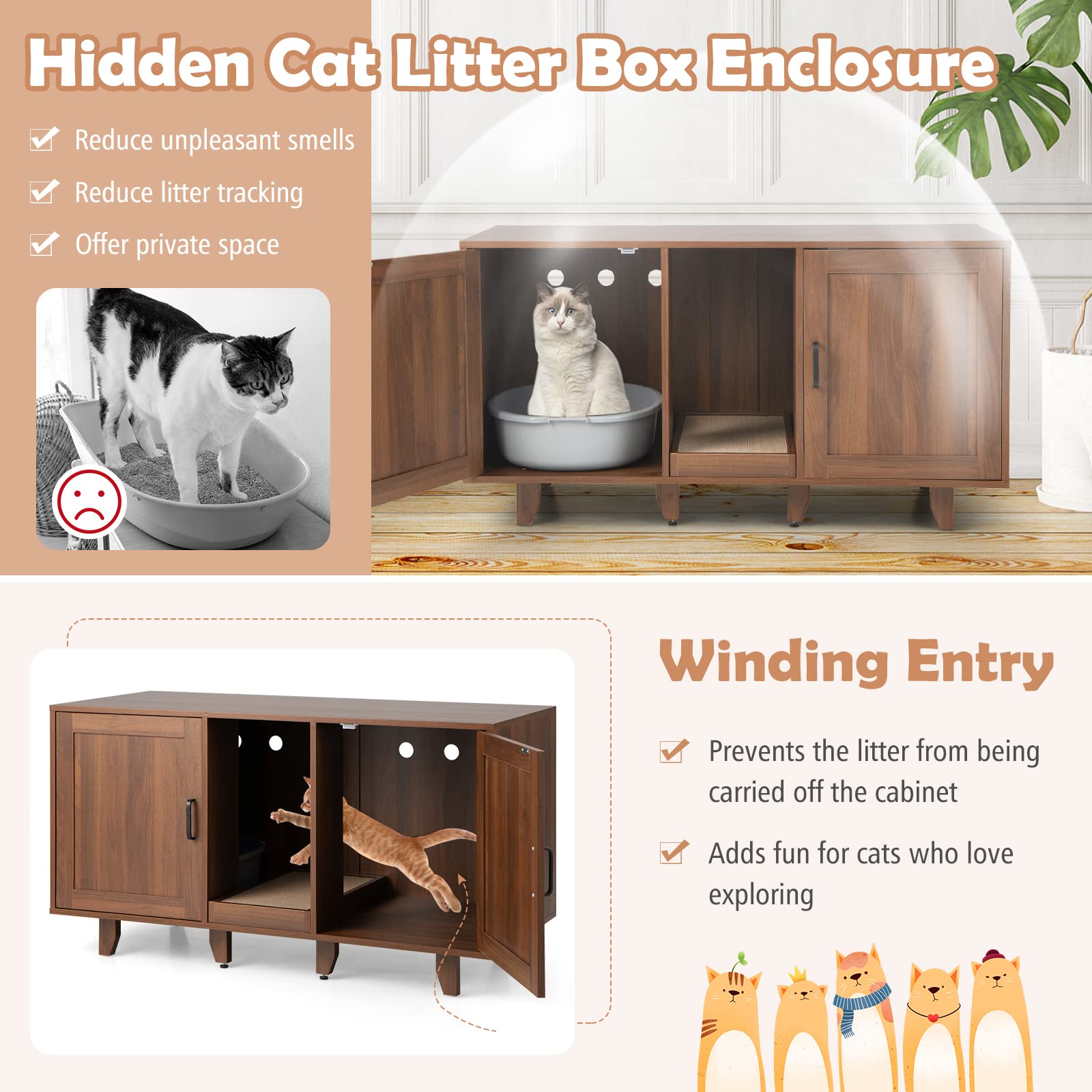 Petsite Cat Litter Box Enclosure Furniture For 2 Cats, Large Litter Box Cabinet With Scratching Board, And Adjustable Foot Pads, Indoor Cat House Tv Stand Side Table, Double Hidden Litter Box
