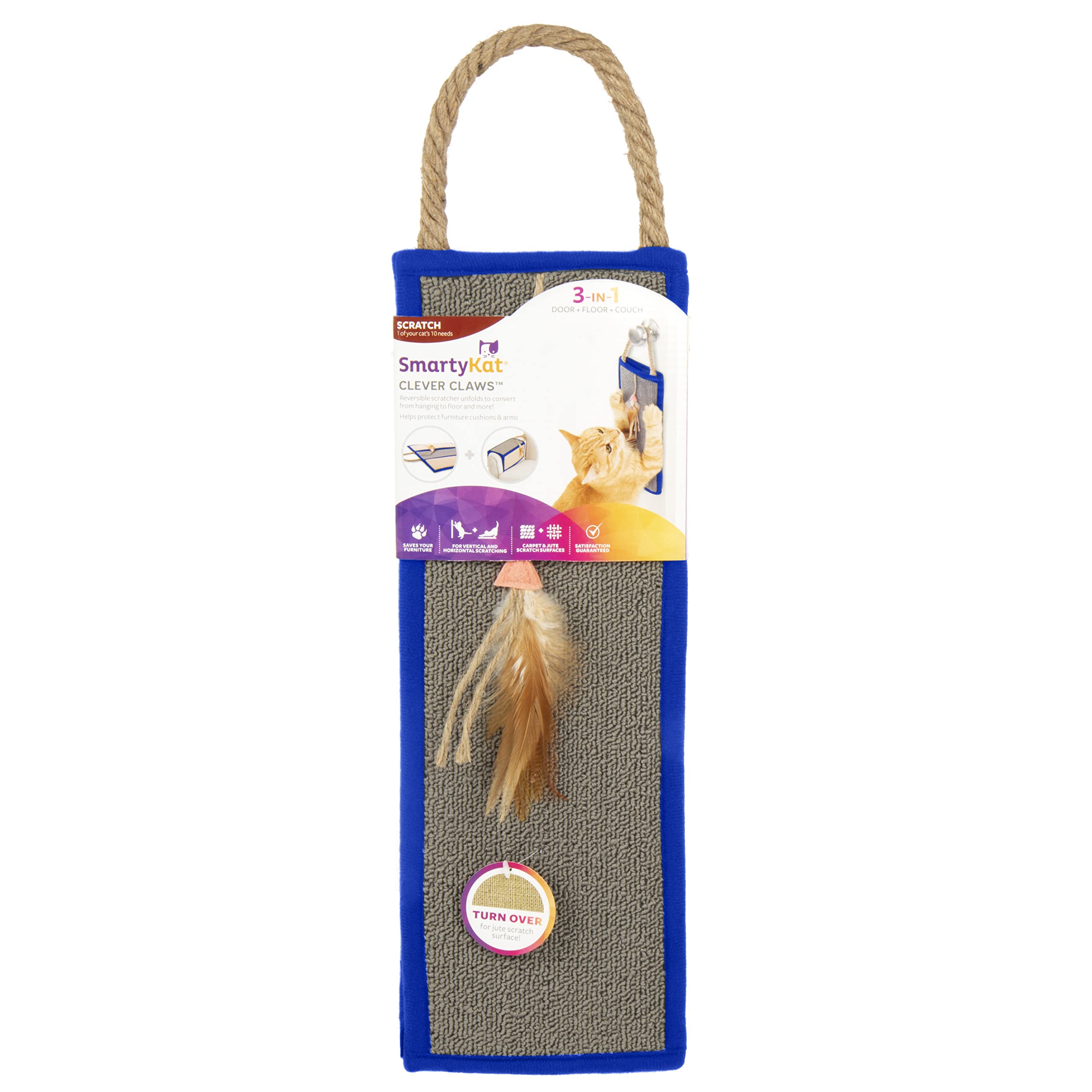 SmartyKat Carpet & Burlap Cat Scratch Mat - One Size, Brown/Gray with Blue Trim, Model 9412, Sisal Material