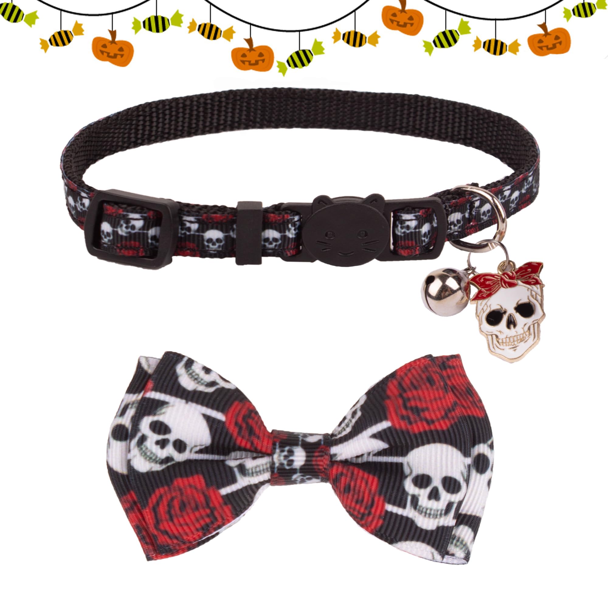 Adoggygo Halloween Cat Collars With Bow Bell, Breakaway Cat Bowtie Collar Spider Web Skull Pattern Halloween Collars For Girl Boy Cats Kittens (Halloween-2)