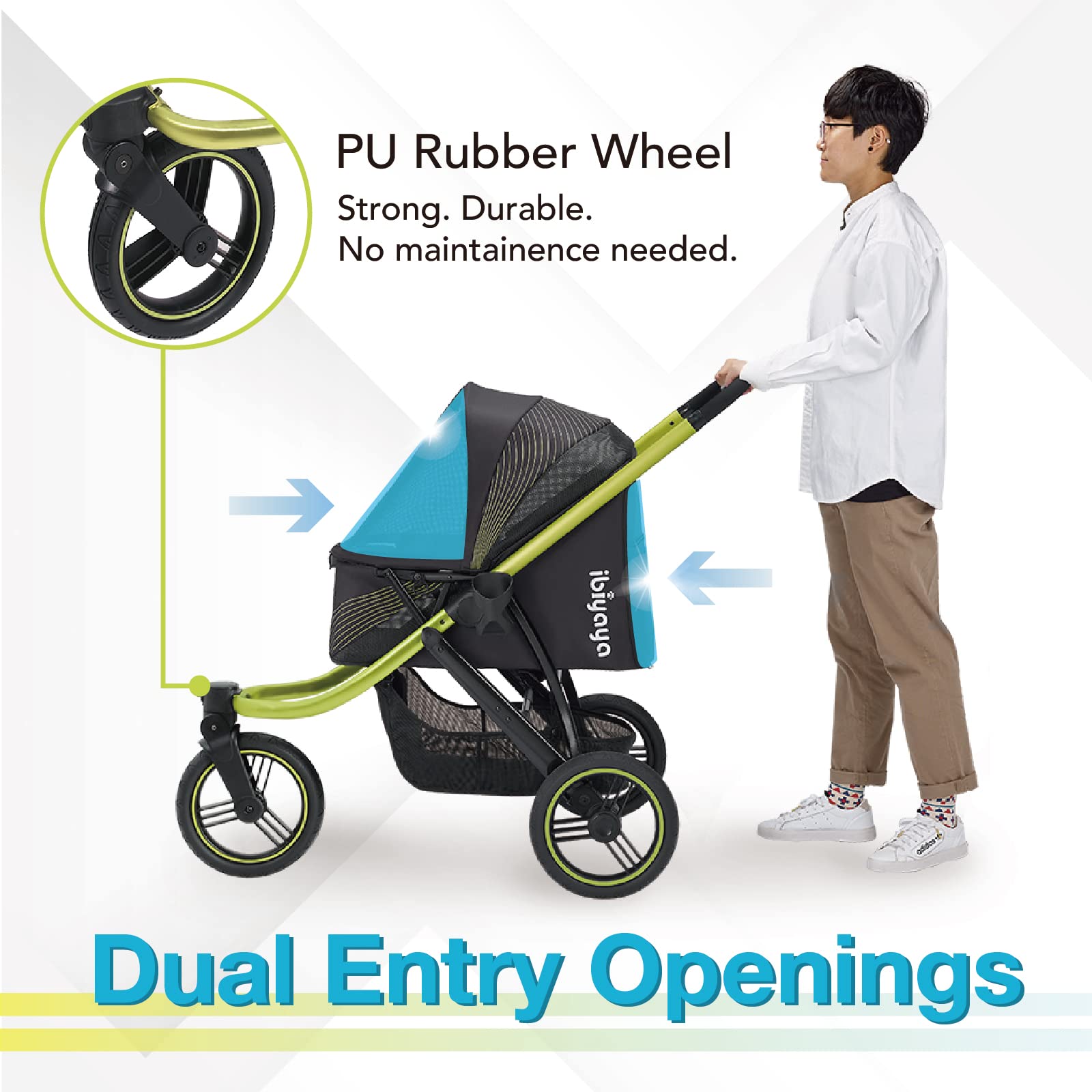 Ibiyaya The Beast Pet Jogging Stroller For All Terrains, 3-Wheel Dog Carrier With Double Breaks, Zipperless Large Stroller For R