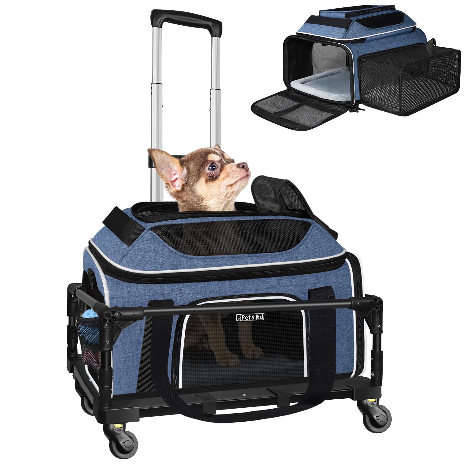 Petskd Top and Side Expandable Pet Carrier with Wheels 18x13x9.5 Inches Southwest Airline Approved, Soft-Sided Carrier for Small