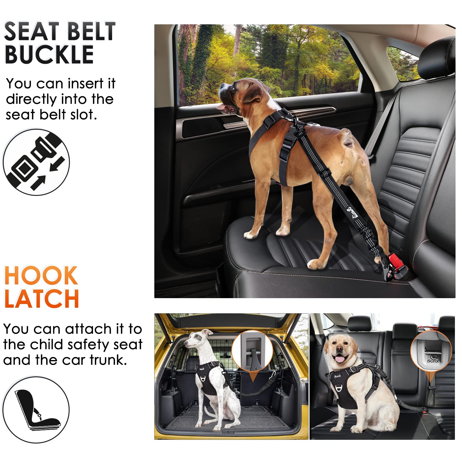 SlowTon Dog Seat Belt, Adjustable 35.5in Nylon Bungee Leash, Black - Reflective Safety Harness Attachment, Model STP38N-L-B-AO
