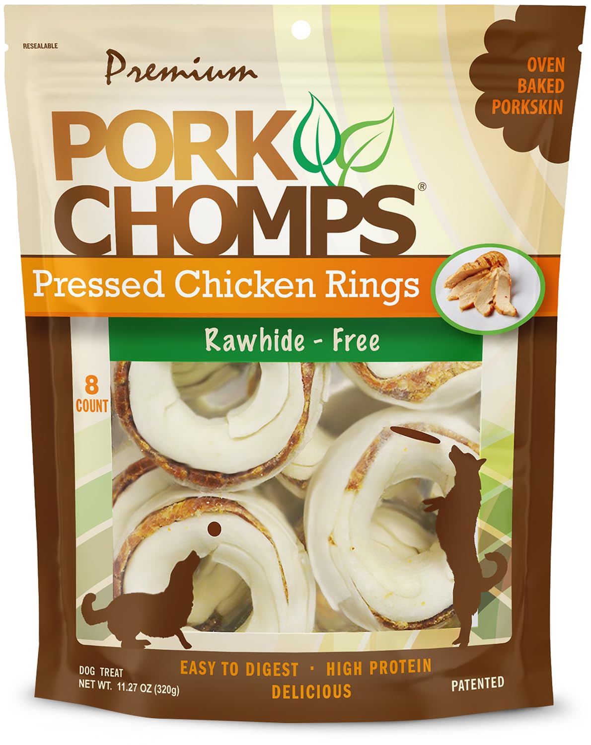 Pork Chomps Pressed Pork Skin Dog Chews, 2.5-inch Rings, Real Chicken, 8 Count