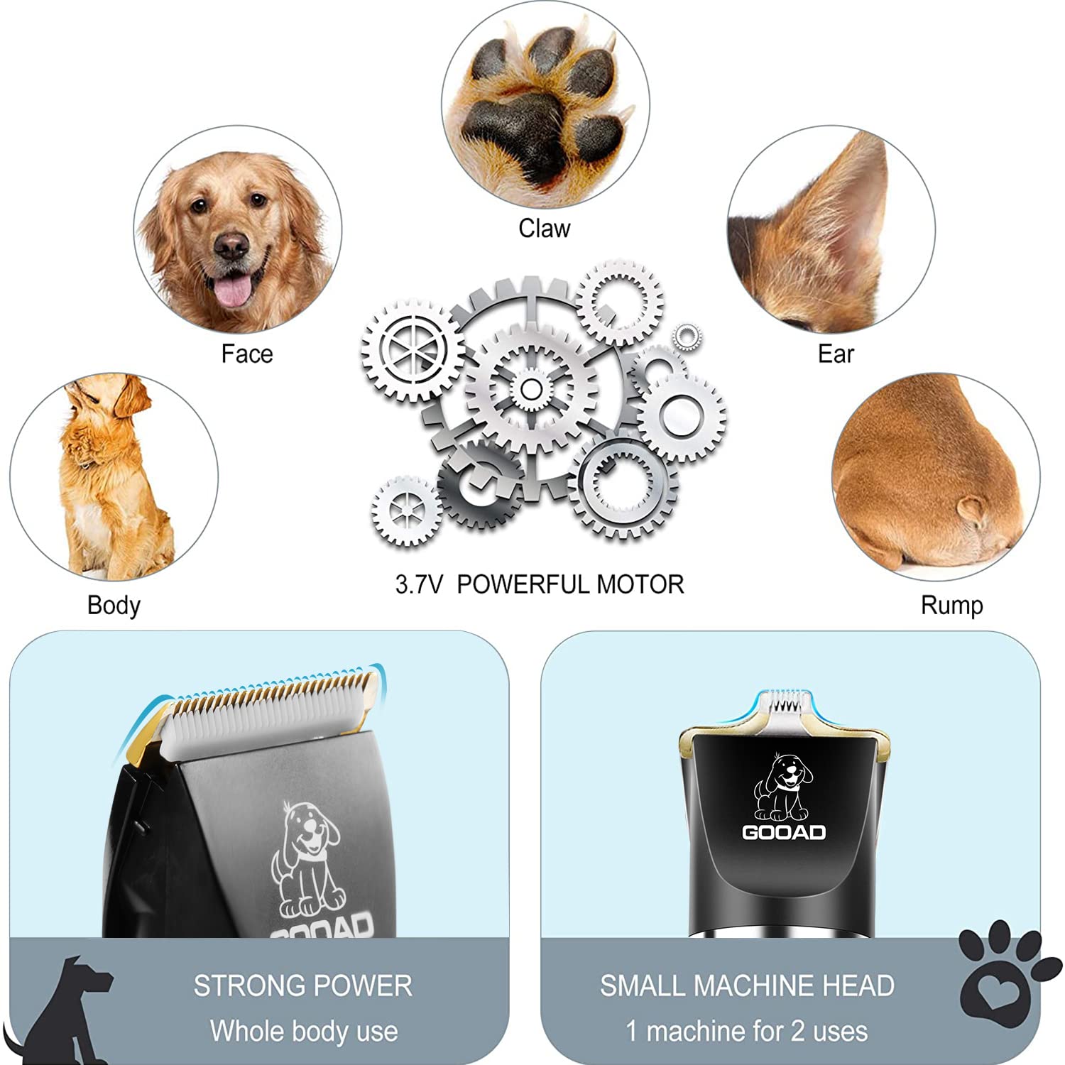 Gooad Professional Dog Grooming Clippers - Cordless, Low Noise, Ideal for Thick Coats, White