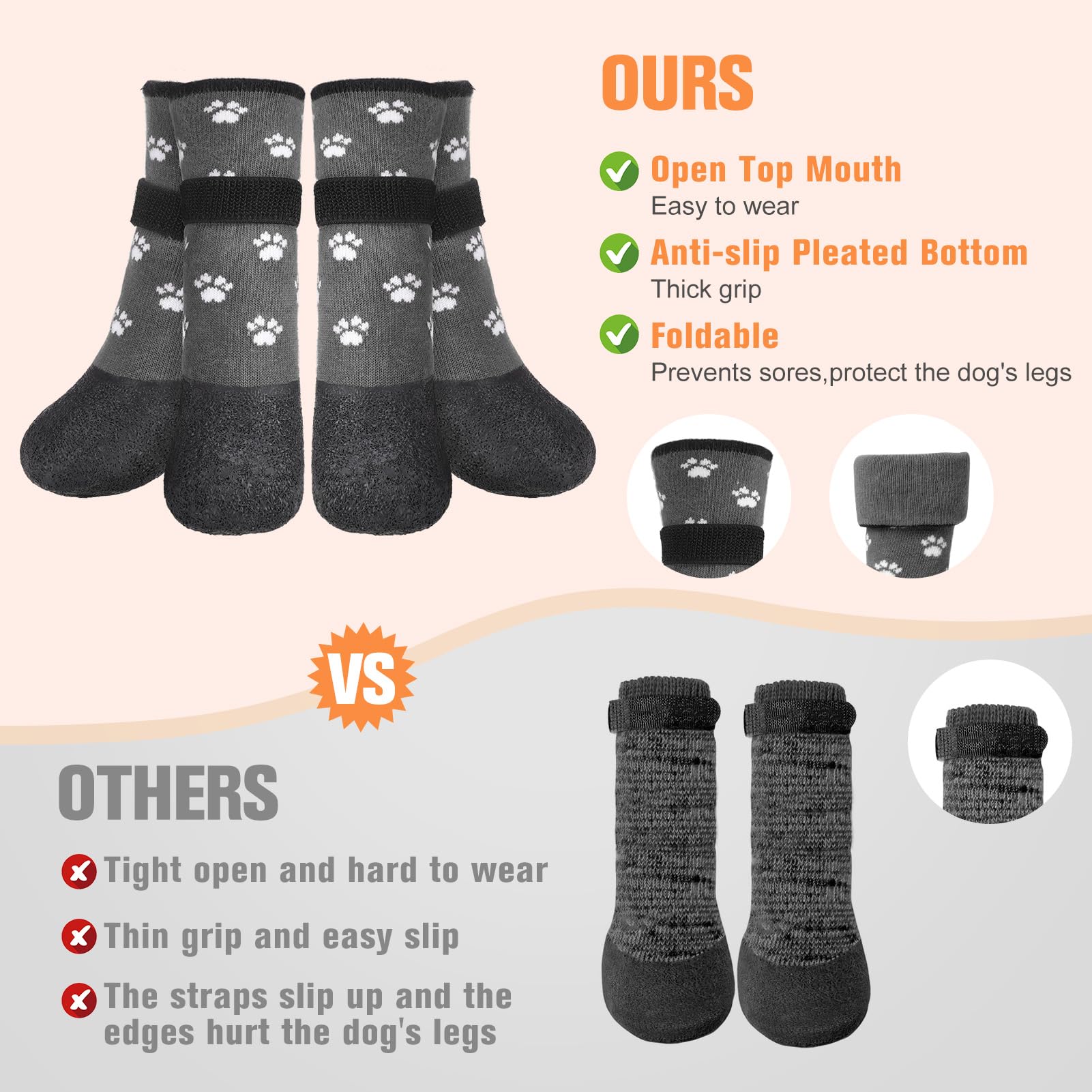 BEAUTYZOO Dog Socks Boots, Waterproof Grip Paw Protectors, Large, Grey Paw Pattern, 80% Cotton for Hot/Cold Pavement & Hardwood Floors