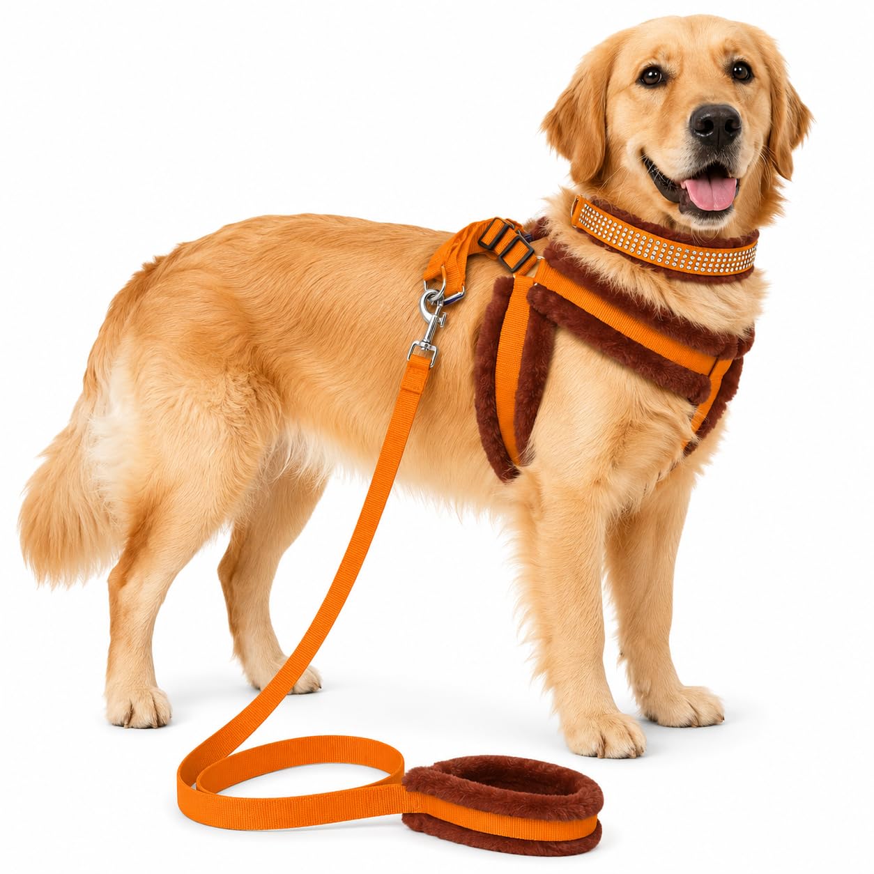 Payton Perry Dog Fur Harness, Collar & Leash Combo Set, Adjustable Size | For 2435 Kilogram Dogs (L, OrangeBrown)