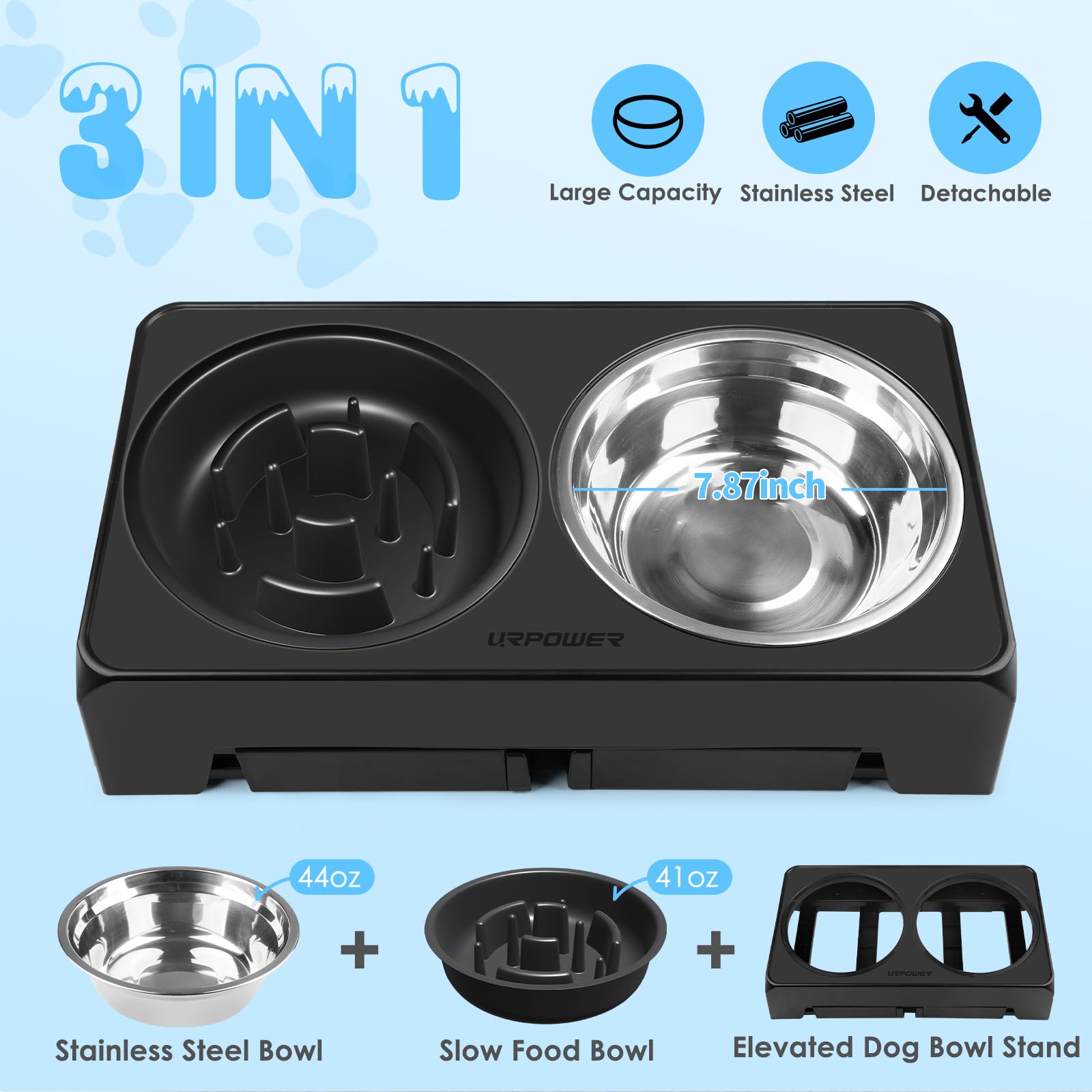 URPOWER Raised Slow Feeder Dog Bowls 4 Height Adjustable Elevated Bowl Stand with Stainless Steel Water Bowl and Slow Feeder Non