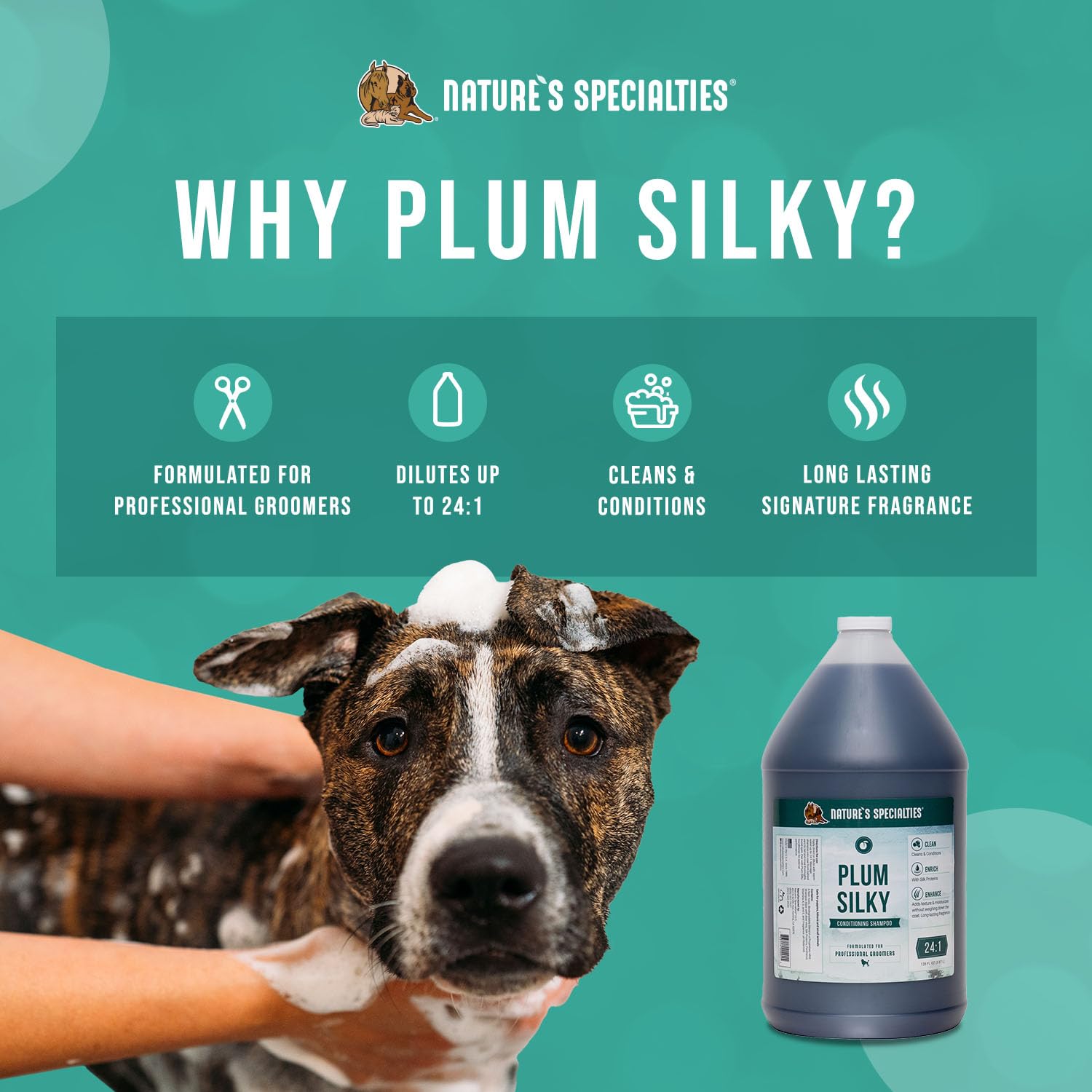 Nature's Specialties Plum Silky Ultra Concentrated Dog Shampoo & Conditioner, 1 Gal, Makes Up to 24 Gallons, Ideal for Groomers
