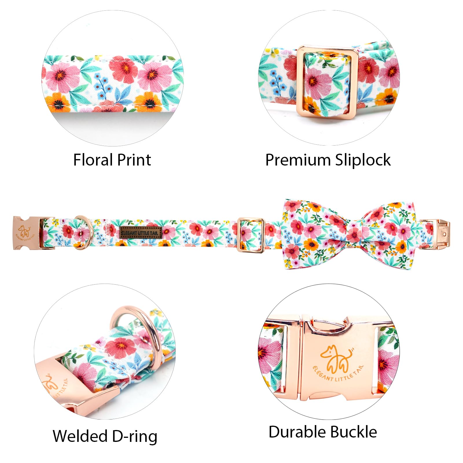 Elegant Little Tail Dog Collar- Cute Floral Dog Collars With Bow For Small Dogs, Female Adjustable Cotton Summer Pet Bow Holiday
