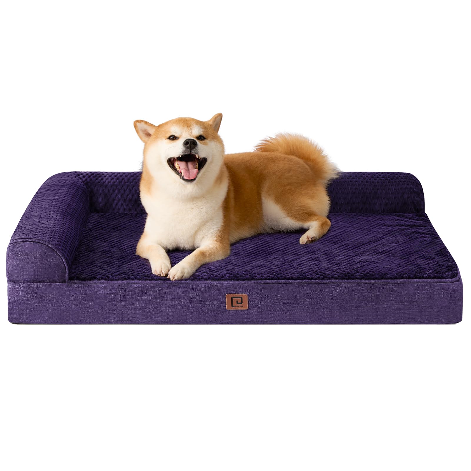 Eheyciga Memory Foam Large Dog Bed, Orthopedic Dog Beds For Large Dogs, Waterproof Egg Crate Dog Couch Bed With Washable Removable Cover And Non-Slip Bottom, L Shaped Dog Bed, Purple