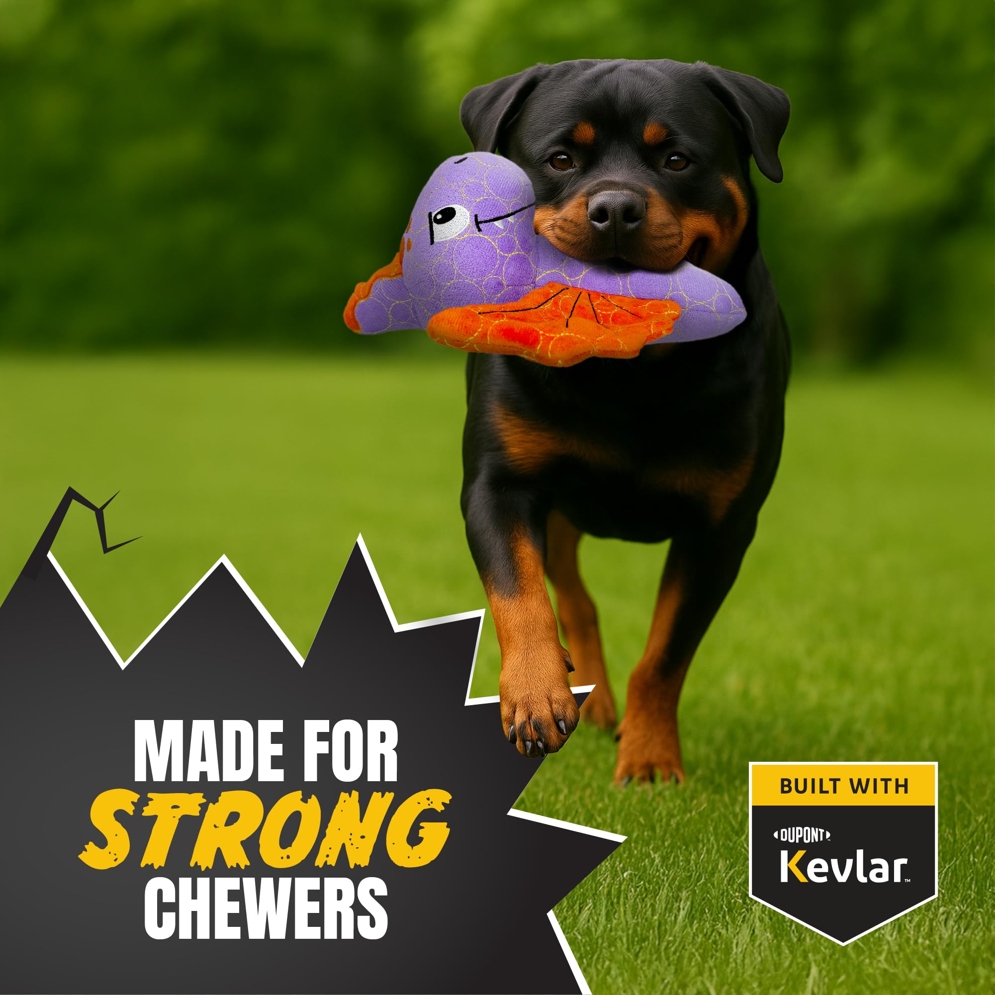 Bite Force Durable Dog Toy - Purple Dino with Squeaker, Kevlar-Reinforced for Aggressive Chewers, Model BF1140-PS