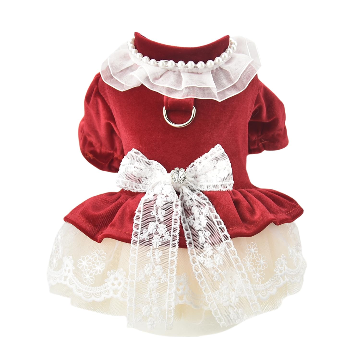 Fladorepet Dog Christmas Costume Outfits,Red Velvet Small Dog Bowknot Pearl Dress Tutu Skirt, Winter Cat Clothes Pet Apparel (Re