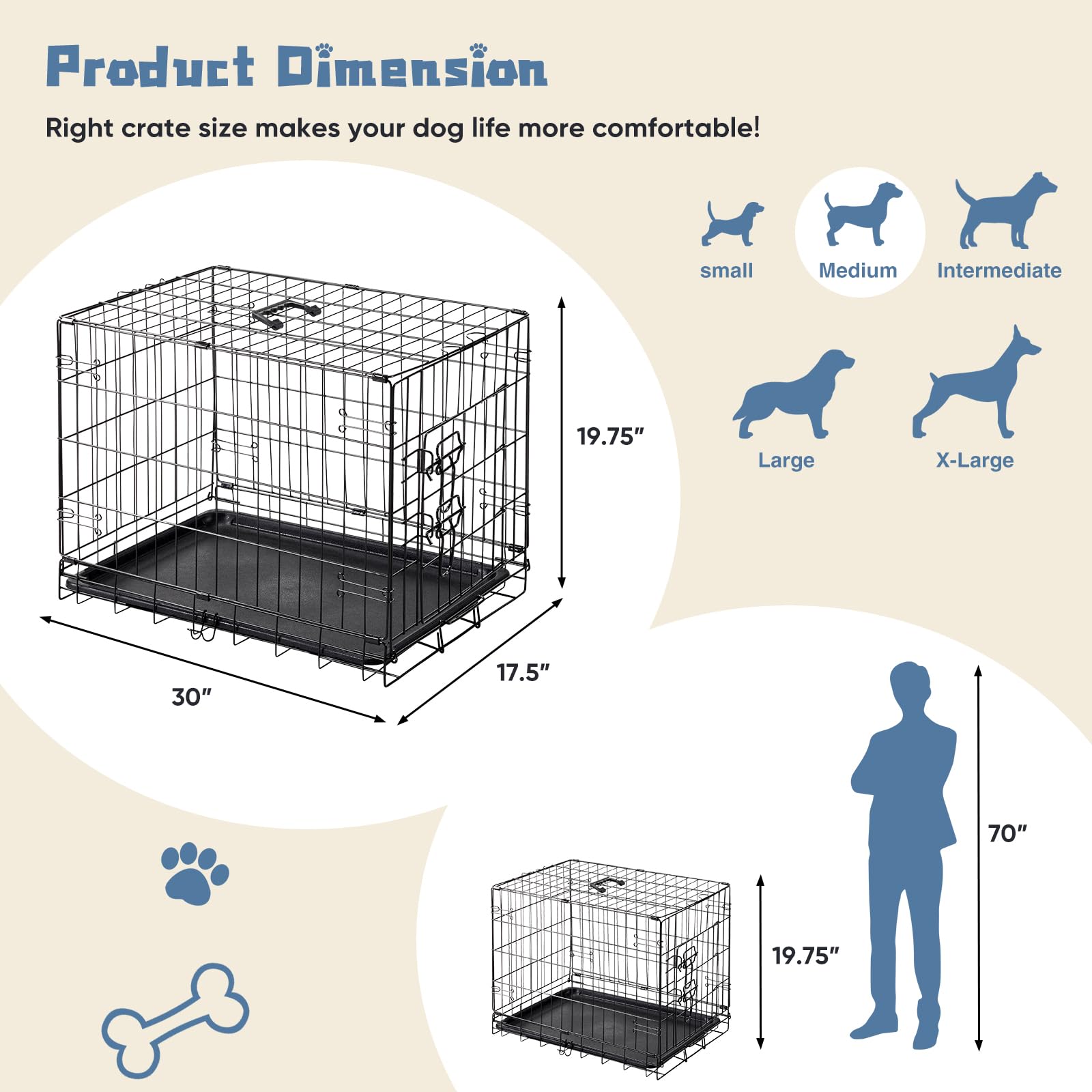 DUMOS Dog Crate - 30 Inch Metal Folding Kennel with Leak-Proof Tray, Black, Indoor/Outdoor Use, Model DOGS30IN