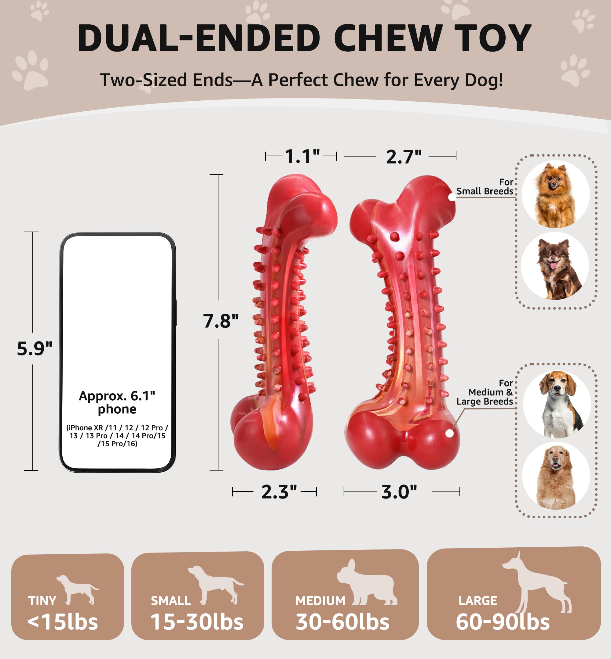 Iptpas Dog Chew Toy For Aggressive Chewers, Tough Natural Rubber Bone With Irresistible Beef Flavor, Long-Lasting Teeth Cleaning