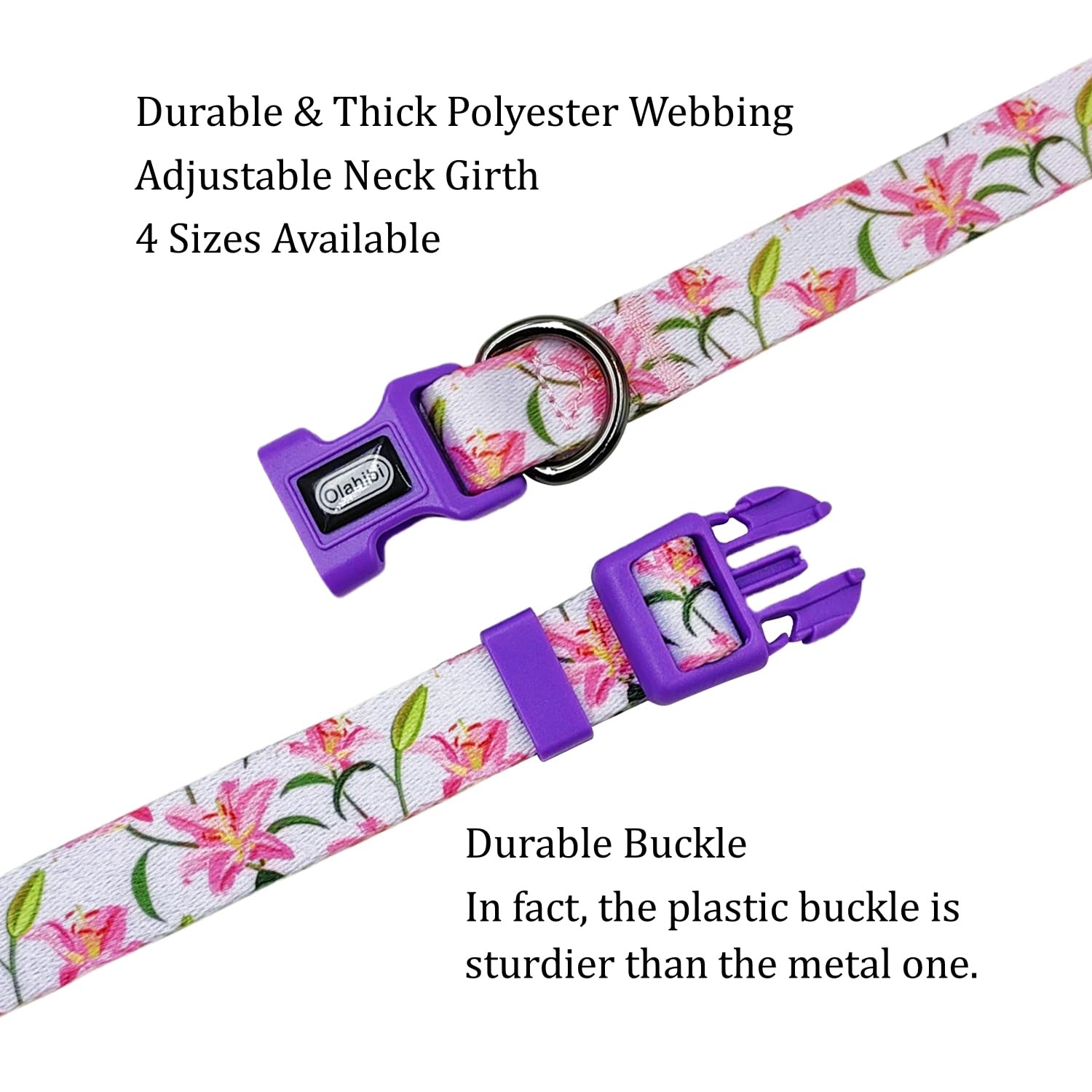 Olahibi Dog Collar And Leash Set, Lily Floral Pattern, Polyester Material, 5Ft Leash, For Puppy Dogs.(Xs, Purple Lily)