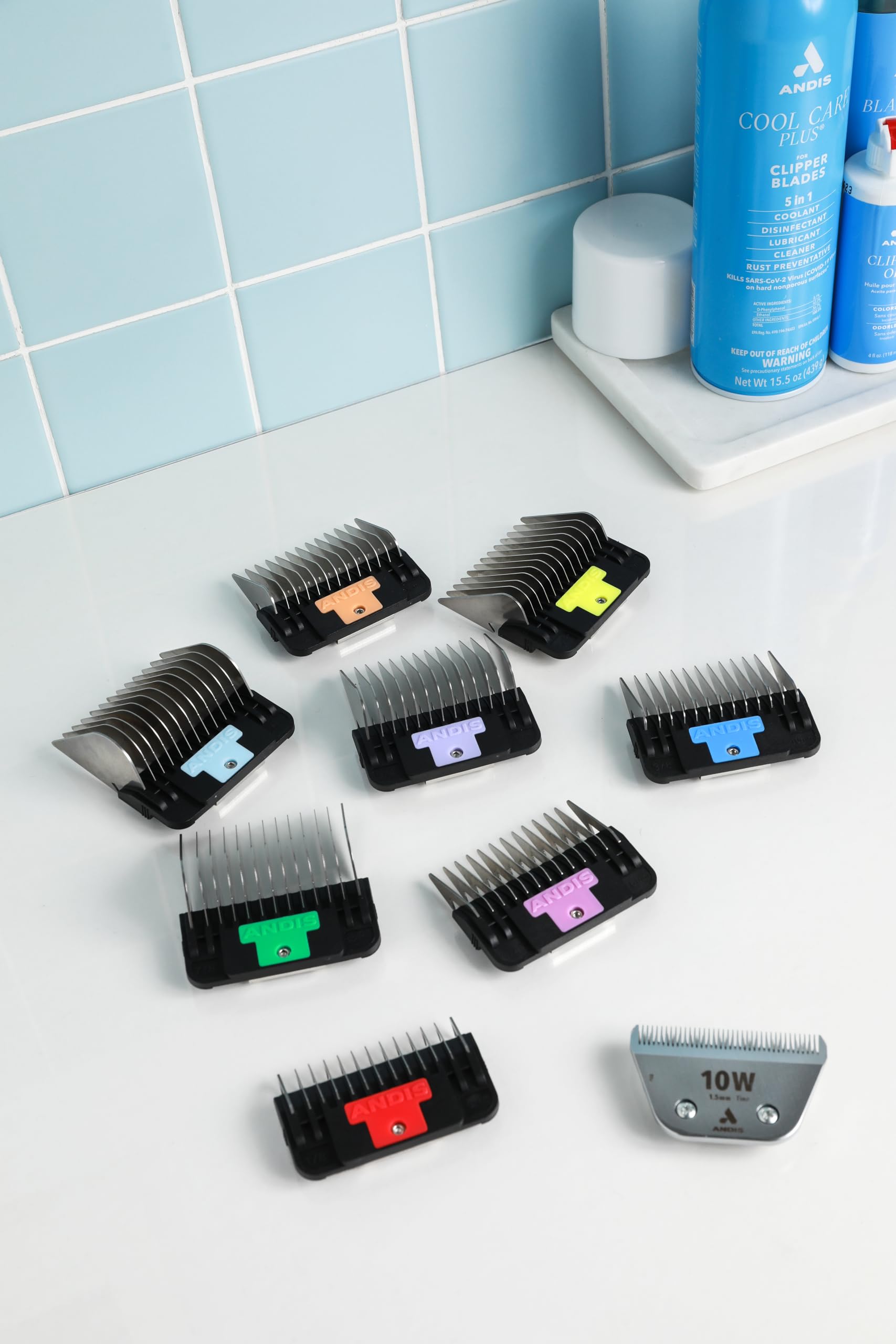 Andis 561475 Premium Clip Animal Comb Set - Built with Plastic, Includes 8 Color Coded Combs of Different Sizes, Attach Comb, Al
