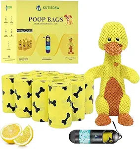 Kutiepaw Dog Poop Bag Kit - 180 Biodegradable Lemon Scented Poop Bags for Dogs, Duck Plush Toy & Dispenser with Sanitizer - Leak Proof Extra Thick Compostable Dog Waste Bags for Eco-Friendly Walks