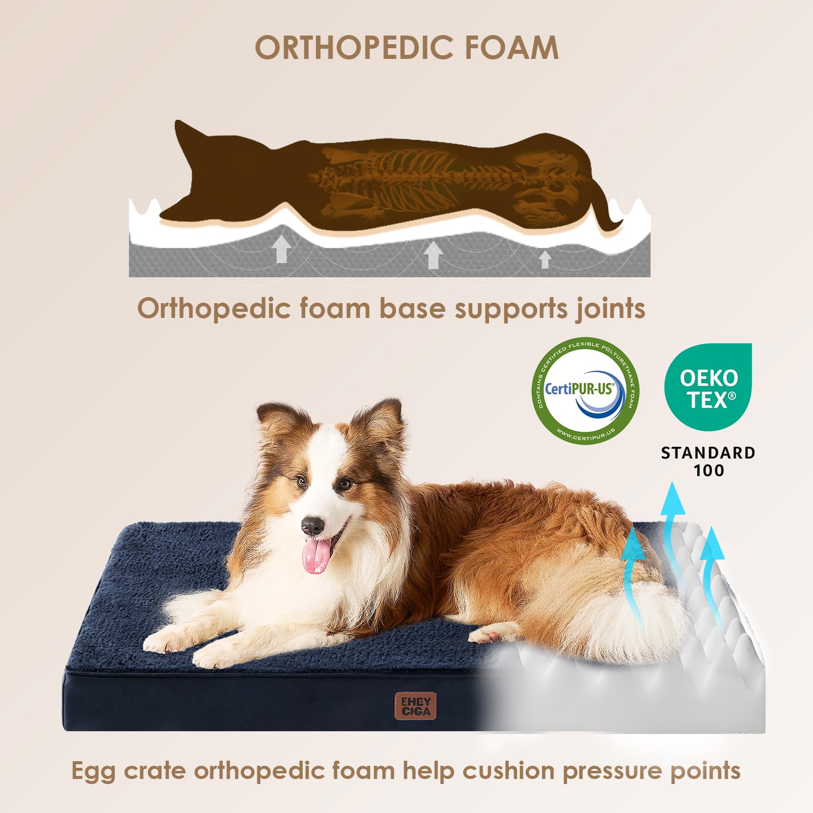 Eheyciga Orthopedic Dog Beds For Large Dogs With Removable Washable Cover, Navy, 36X27
