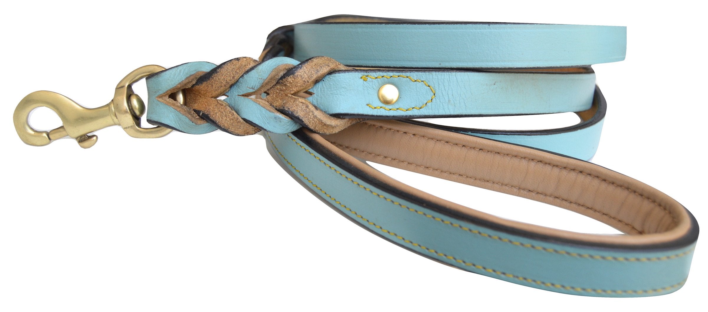 Soft Touch Collars Heavy Duty Leather Braided Dog Leash, 6 Ft X 3/4 Inch, Turquoise With Beige Padded Handle