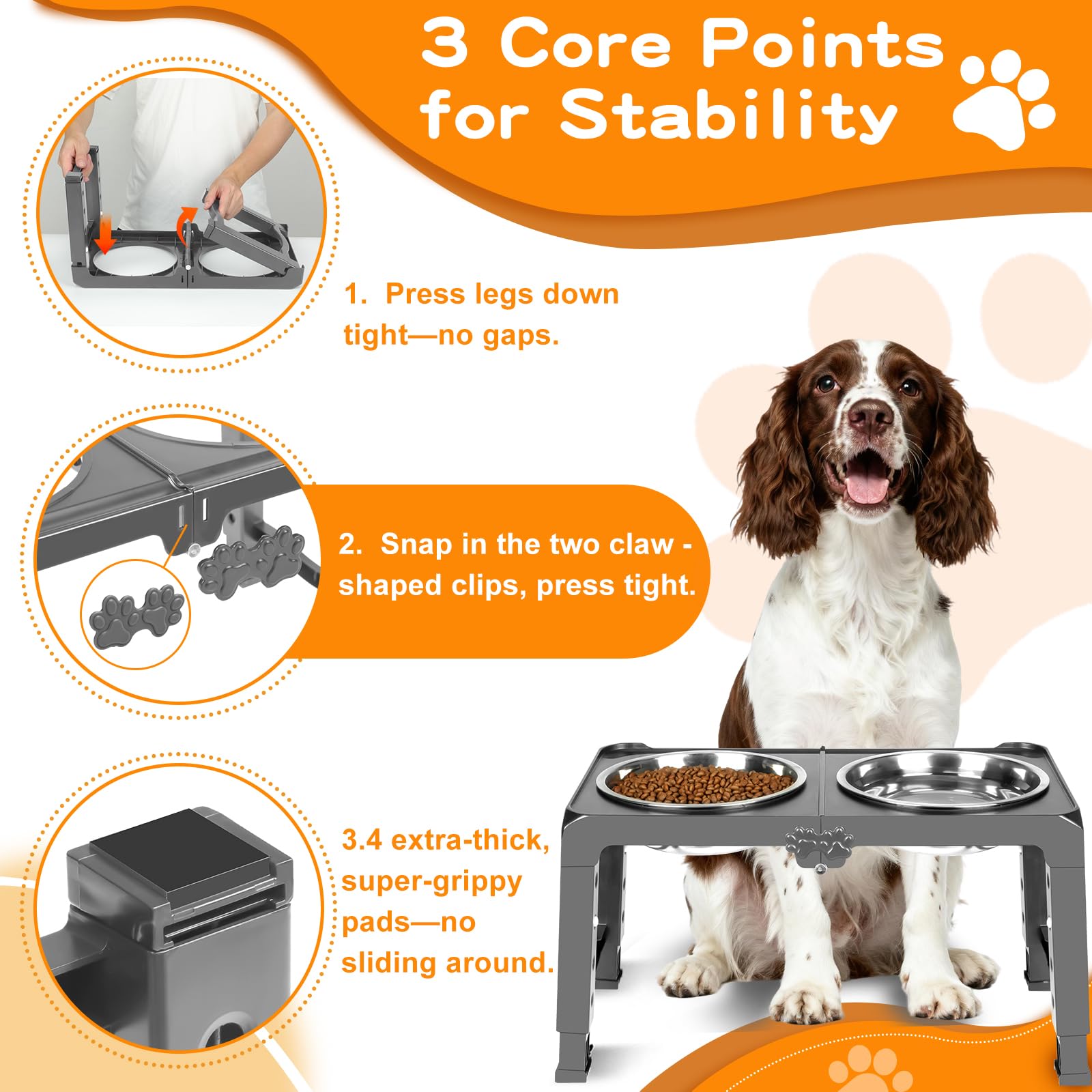 Elevated Dog Bowl Stand Foldable with Dual 7.8 Stainless Steel Bowls, 5 Adjustable Heights (3.9-13.4), Anti-Slip Portable Travel