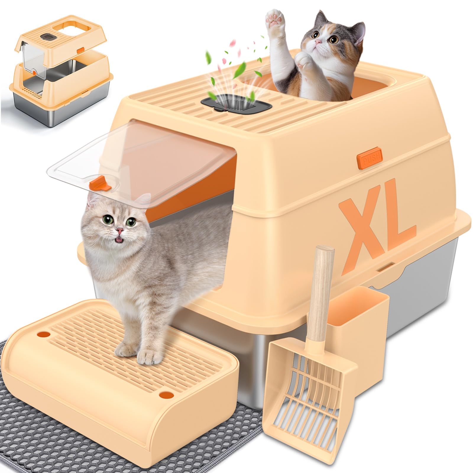 Homagico Stainless Steel Cat Litter Box With Lid, Xl Odor-Proof Enclosed Litter Pan With Litter Mat - Rust-Resistant Durable Lar