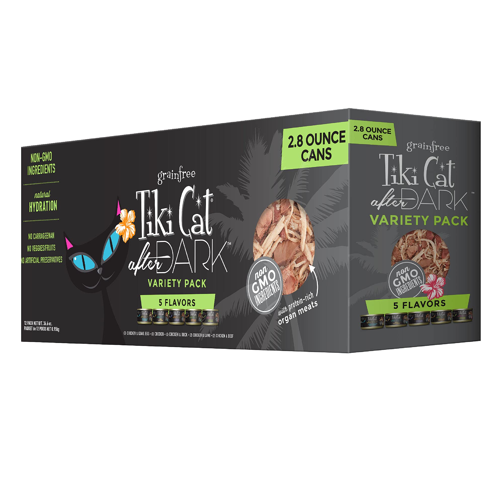 Tiki Cat After Dark, Variety Pack, High-Protein and 100% Non-GMO Ingredients, Wet Cat Food for Adult Cats, 2.8 oz. Can (144 Coun