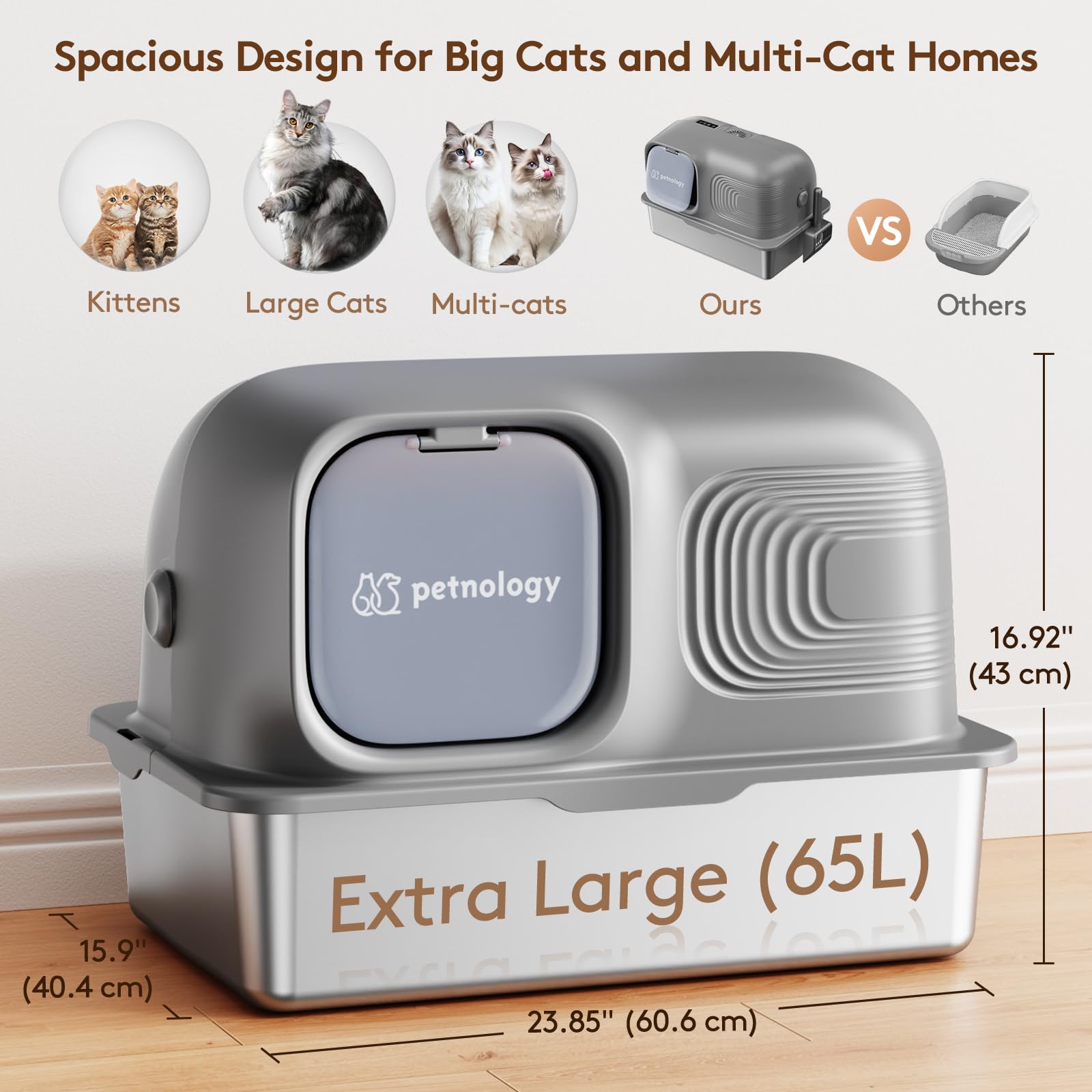 Petnology Stainless Steel Litter Box with Odor Control, 65L, Gray, Enclosed, Flip-Top Lid, Includes Scoop & Litter Mat