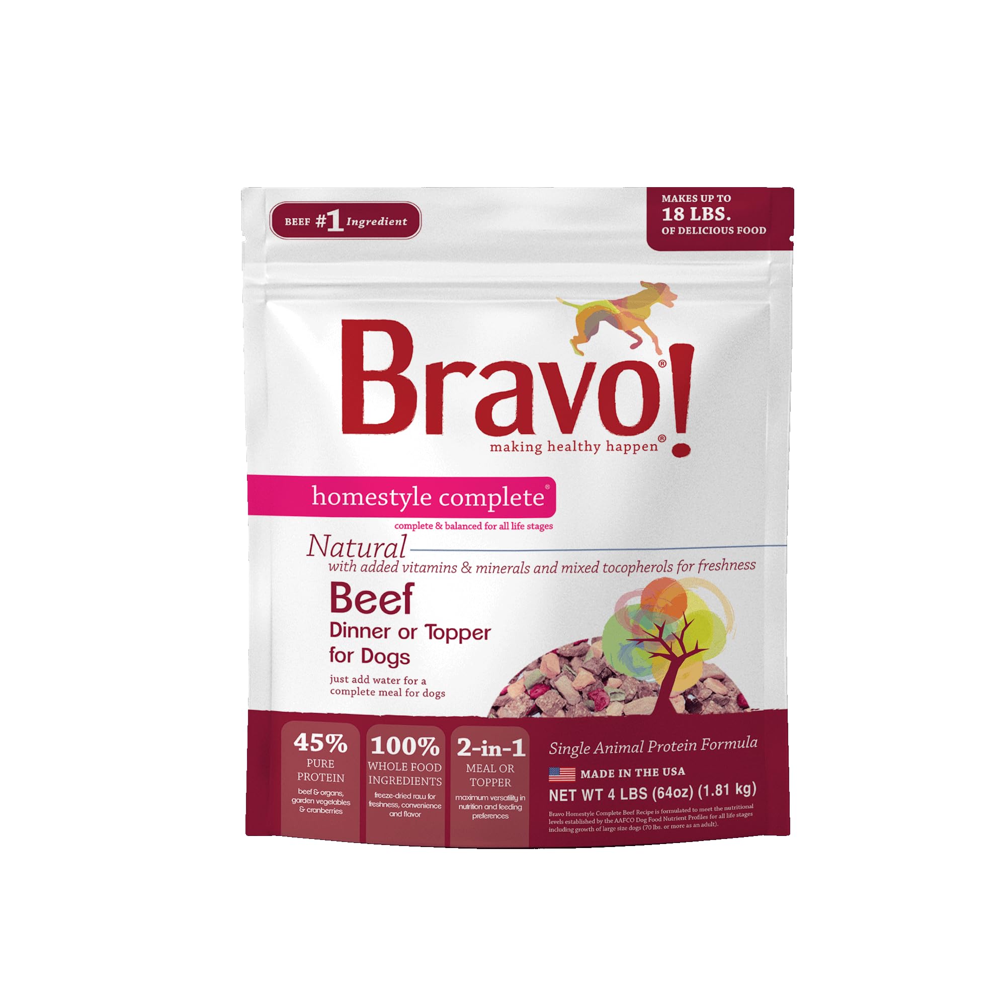 Bravo! Homestyle Complete Freeze Dried Raw Dog Food or Topper, Beef, 4 Pounds, Add Water to Rehydrate for up to 18 Pounds of Foo